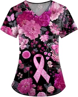 Scrub Tops Women Stretchy Plus Size Scrub Top Short Sleeve Printed Nursing Shirts Medical with Pockets