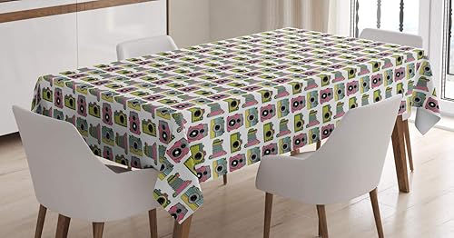 Lunarable Vintage Tablecloth, Retro Cameras in Pink and Green Colored Hipster Style Photography Themed, Rectangular Table Cover for Dining Room