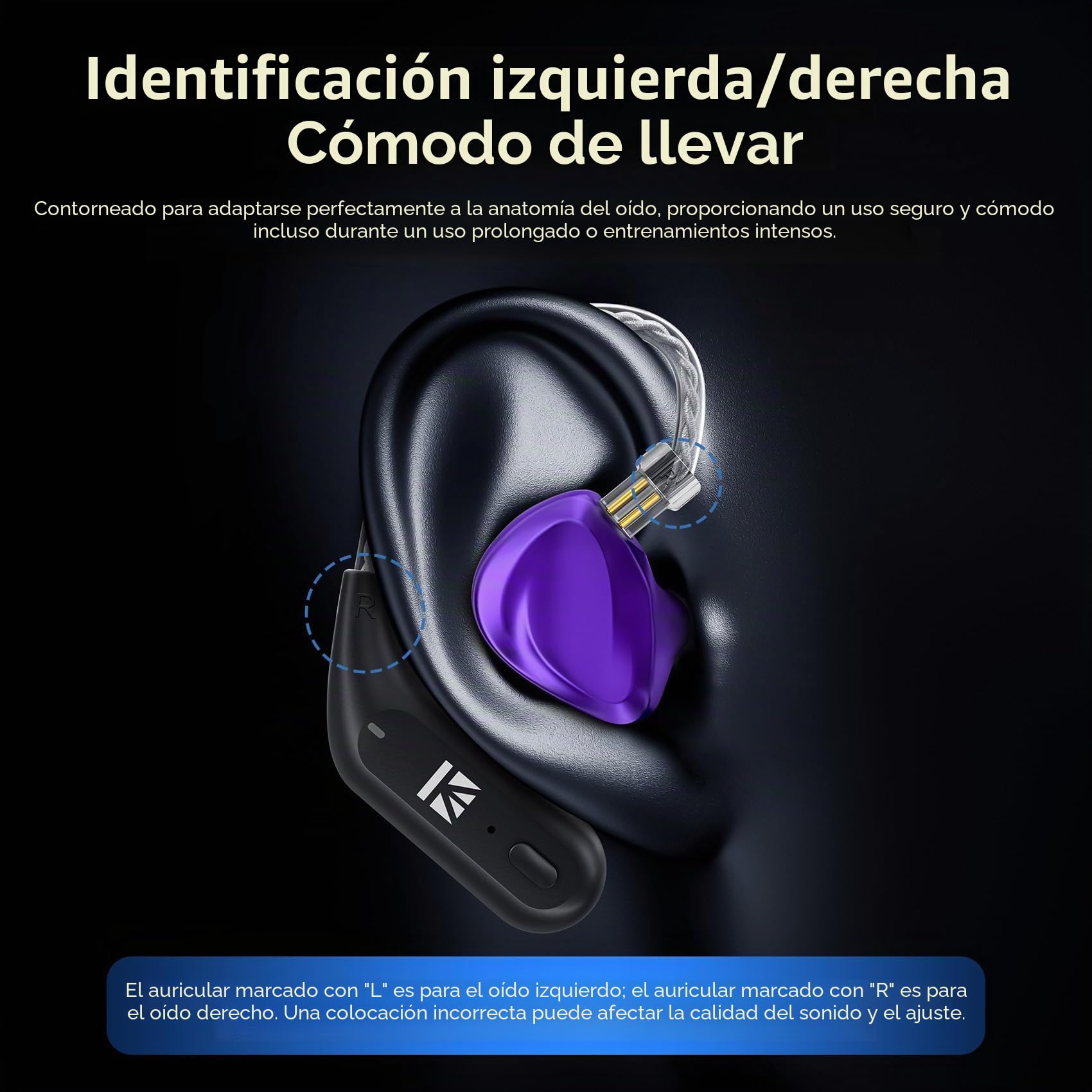 Yinyoo KBEAR BT15 PRO Bluetooth 5.4 Módulo inalámbrico con gancho para la oreja para deportes HIFI Amplia compatibilidad Cable de auriculares para KZ ZS10 PRO/EDX PRO/ZSN PRO/ZST (negro, 2 pin0.78 mm)