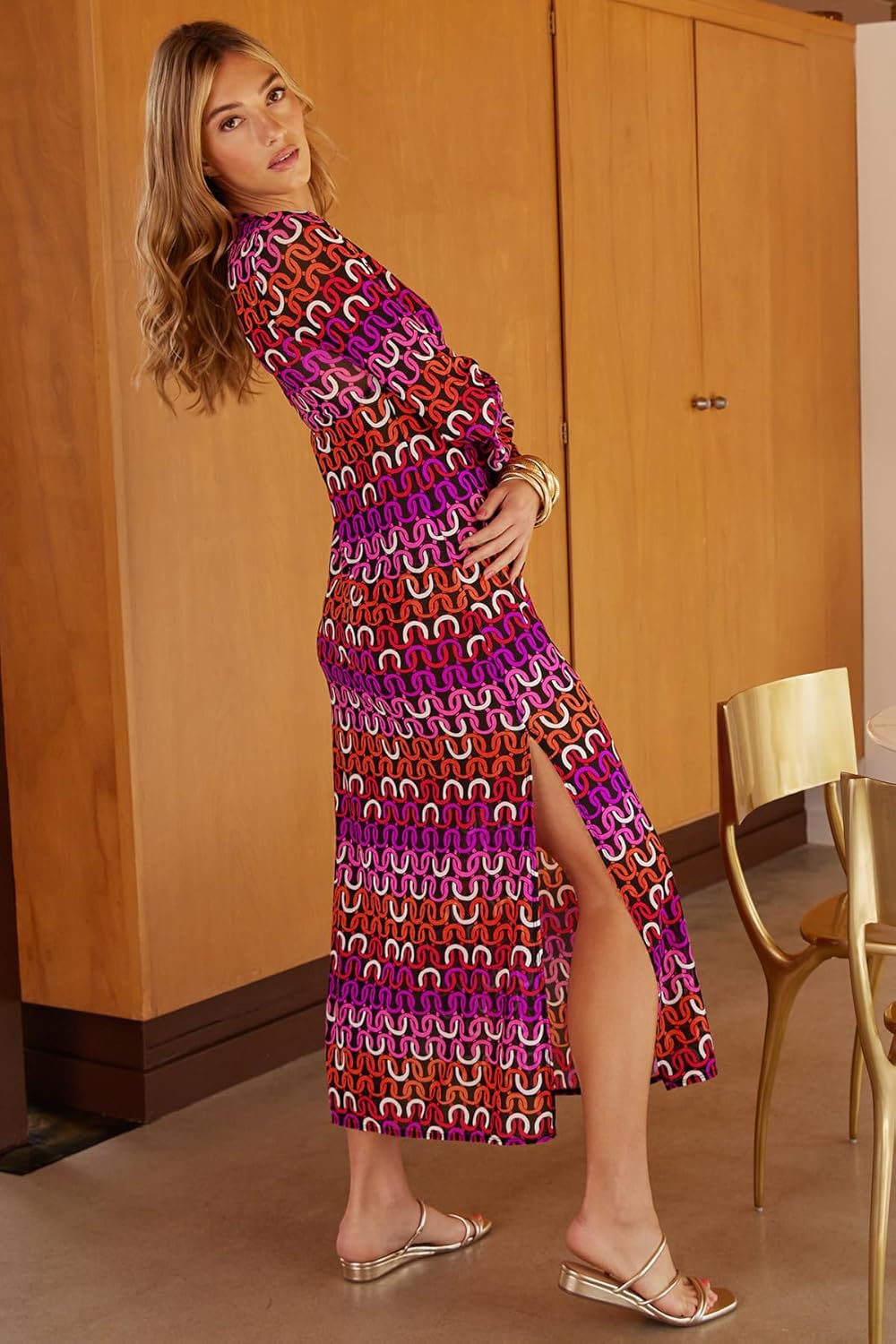 Trina Turk Women's Echo Mesh Maxi Dress, Casual, Loose Long Sleeve, Beach Cover Ups for Women