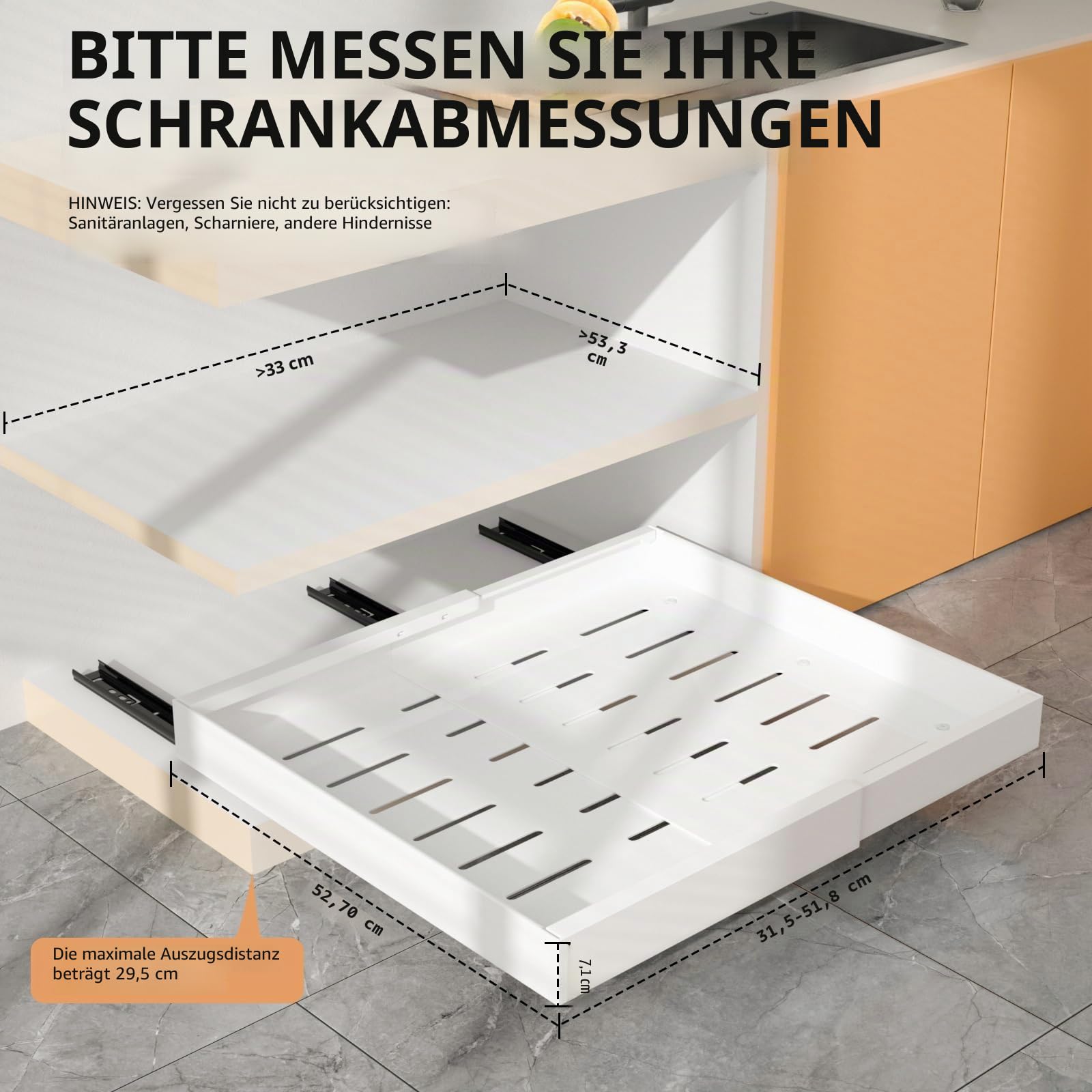2 Stück erweiterbarer ausziehbarer Schrankorganisator mit Klebefläche, 53 cm tiefe Schubladen für Küchenunterschränke, verstellbare Breite 32 cm-53 cm