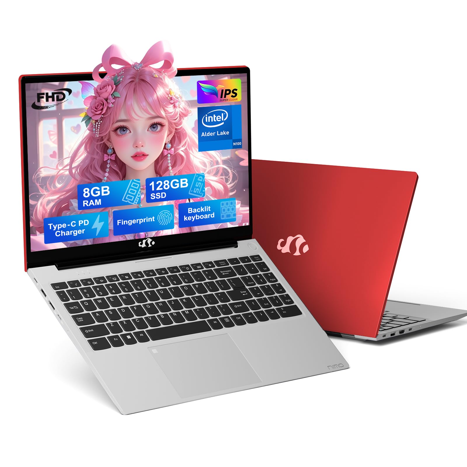 NIMO 15.6 IPS-FHD-Laptop, Intel Pentium 4 Cores N100 8GB RAM 128GB SSD Backlit Keyboard Fingerprint (Beat to i3-1115G4 Up to 3.4GHz) Computer for Student-Home WiFi 6 BT5.2 Win 11