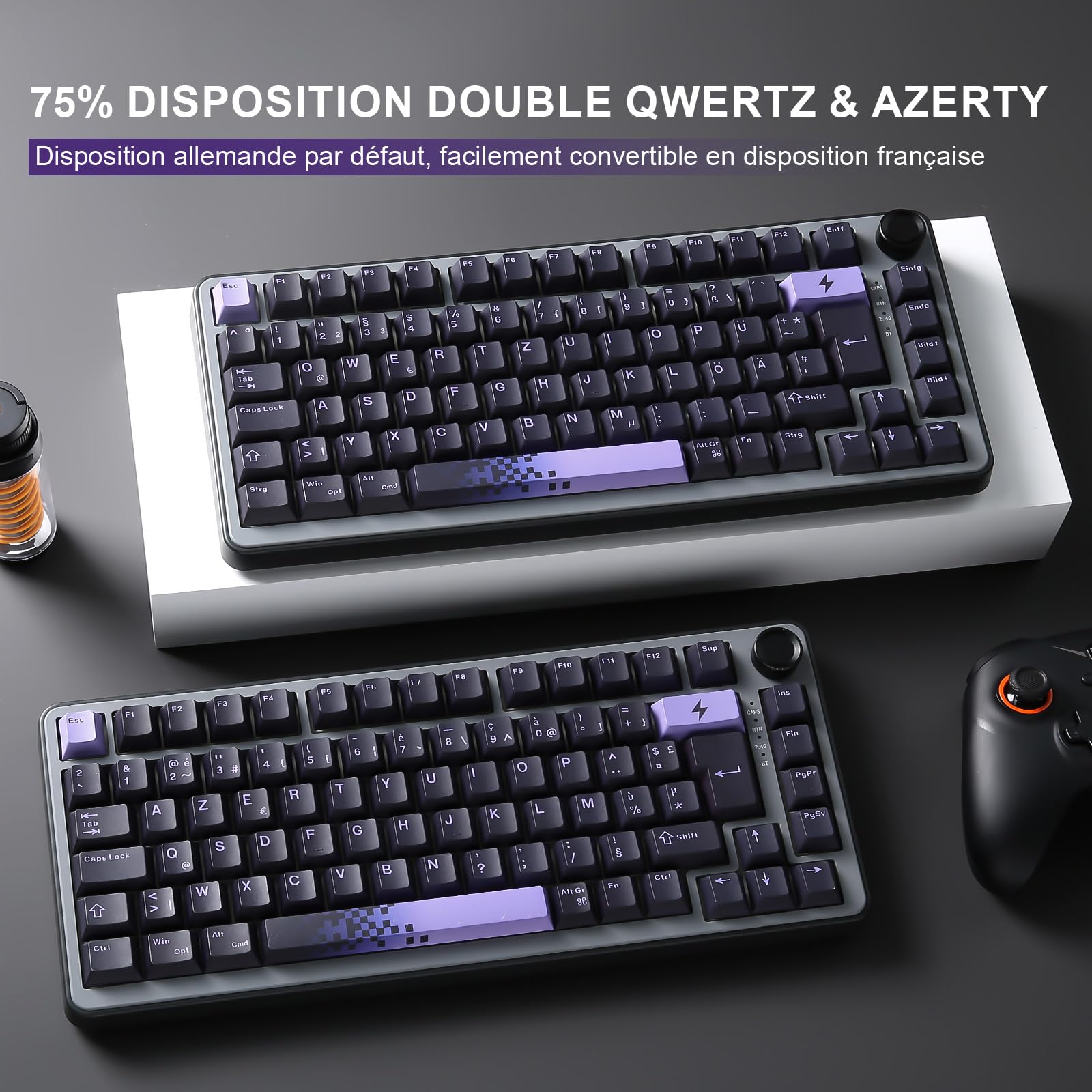 YUNZII B75 Pro ISO FR & DE Clavier Gamer sans Fil (Noir Violet, Milk V2) | AZERTY Français & QWERTZ 75% Disposition avec Bouton, 2.4 Ghz/Bluetooth/Filaire Gasket Mounted, Hotswap, RGB, Windows/Mac