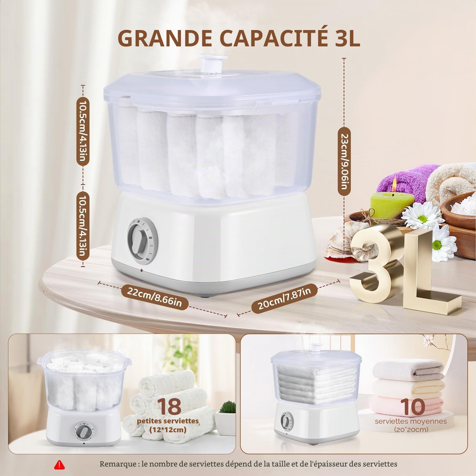 Chauffe-serviettes, défroisseur à vapeur avec clip pour serviette, grande capacité de 3 L, chauffe-serviettes de beauté, chauffe-serviettes chaudes à chauffage rapide pour le visage, barbier