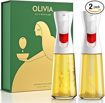 FLAIROSOL OLIVIA Oil Sprayer for Cooking, 2 Pack 200ML Glass Olive Oil Sprayer, Continuous Cooking Spray Dispenser with Portion Control for Kitchen Air Fryer, Salad, BBQ, White