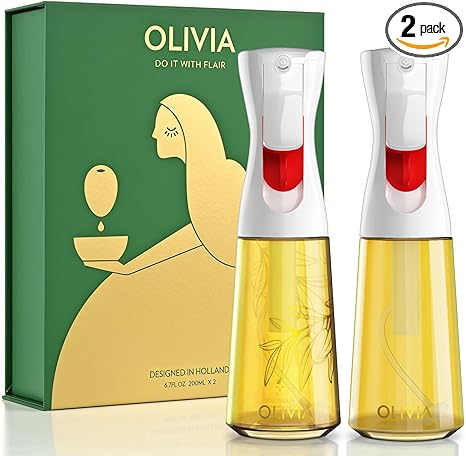 FLAIROSOL OLIVIA Oil Sprayer for Cooking, 2 Pack 200ML Glass Olive Oil Sprayer, Continuous Cooking Spray Dispenser with Portion Control for Kitchen Air Fryer, Salad, BBQ, White