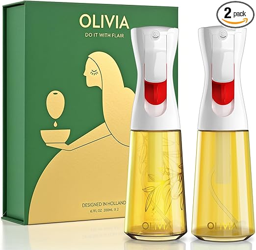 FLAIROSOL OLIVIA Oil Sprayer for Cooking, 2 Pack 200ML Glass Olive Oil Sprayer, Continuous Cooking Spray Dispenser with Portion Control for Kitchen Air Fryer, Salad, BBQ, White