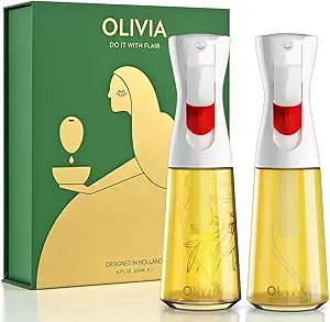 FLAIROSOL OLIVIA Oil Sprayer for Cooking, 2 Pack 200ML Glass Olive Oil Sprayer, Continuous Cooking Spray Dispenser with Portion Control for Kitchen Air Fryer, Salad, BBQ, White