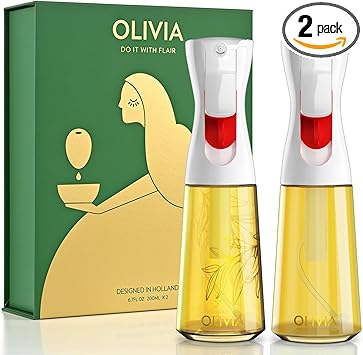 FLAIROSOL OLIVIA Oil Sprayer for Cooking, 2 Pack 200ML Glass Olive Oil Sprayer, Continuous Cooking Spray Dispenser with Portion Control for Kitchen Air Fryer, Salad, BBQ, White