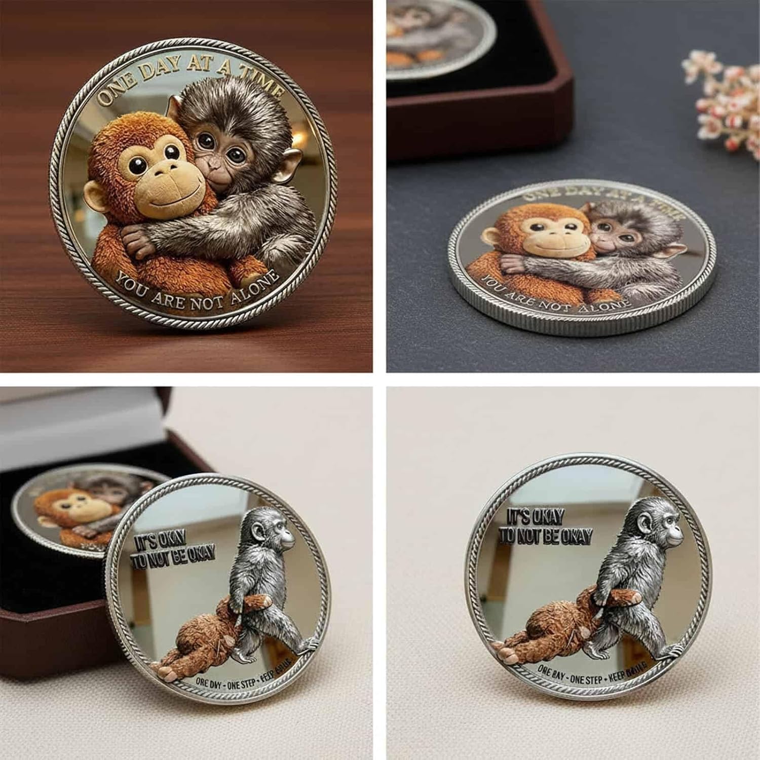 Emotional Support Monkey Coin，Punch The Monkey Commemorative Challenge Coin，Double Sided Baby Monkey Hugging Collectible Token，Inspirational Encouragement Gift for Family & Friends (A-12PCS)