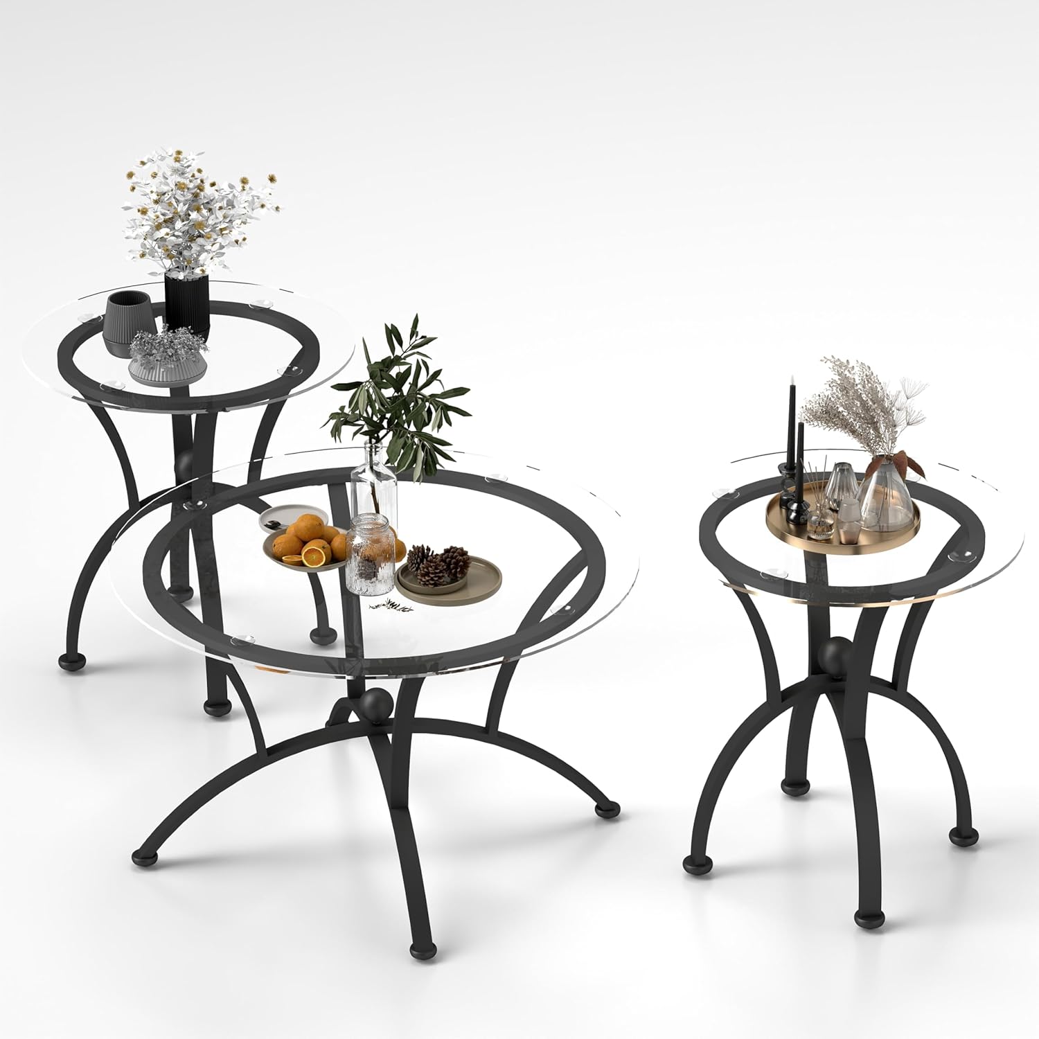 Glass Coffee Table Sets of 3 for Living Room,30" Mordern Round End Tables,Tempered Glass Top with Rustic Black Metal Frame, Sturdy Nesting End Tables