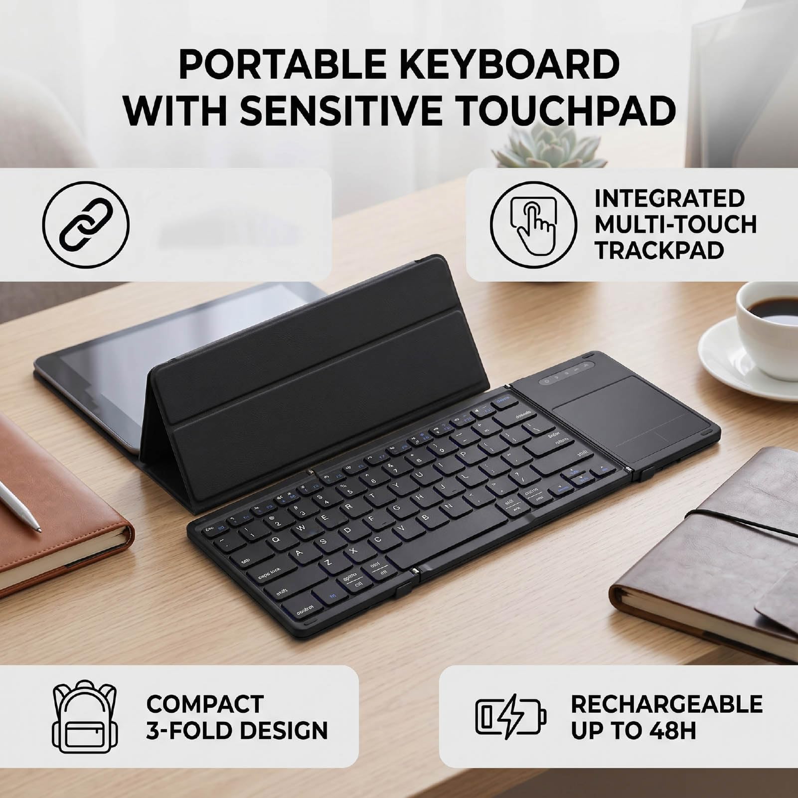 Combinazione Tastiera e Mouse Portatile Pieghevole (BLACK) | Combo Tastiera Bluetooth Pieghevole, Mouse Sottile, Custodia Rigida e Supporto per Telefono, Bluetooth per 3 Dispositivi
