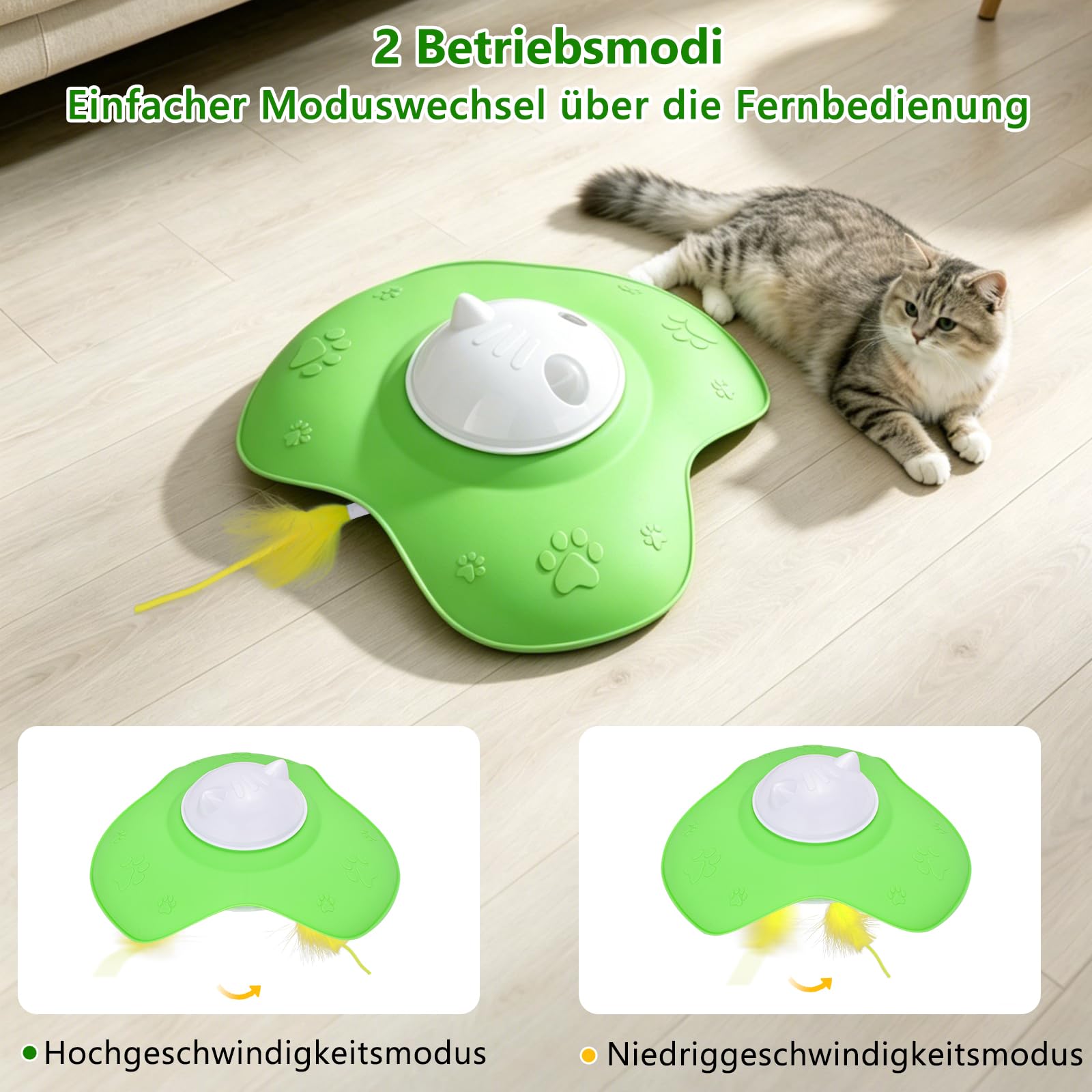 2-in-1 interaktiver Katzenspielzeug für Wohnungskatzen – Intelligentes, wiederaufladbares Federzeug mit Leckerli-Spender, Fernbedienung, 2 Geschwindigkeiten, automatisches Belohnungssystem