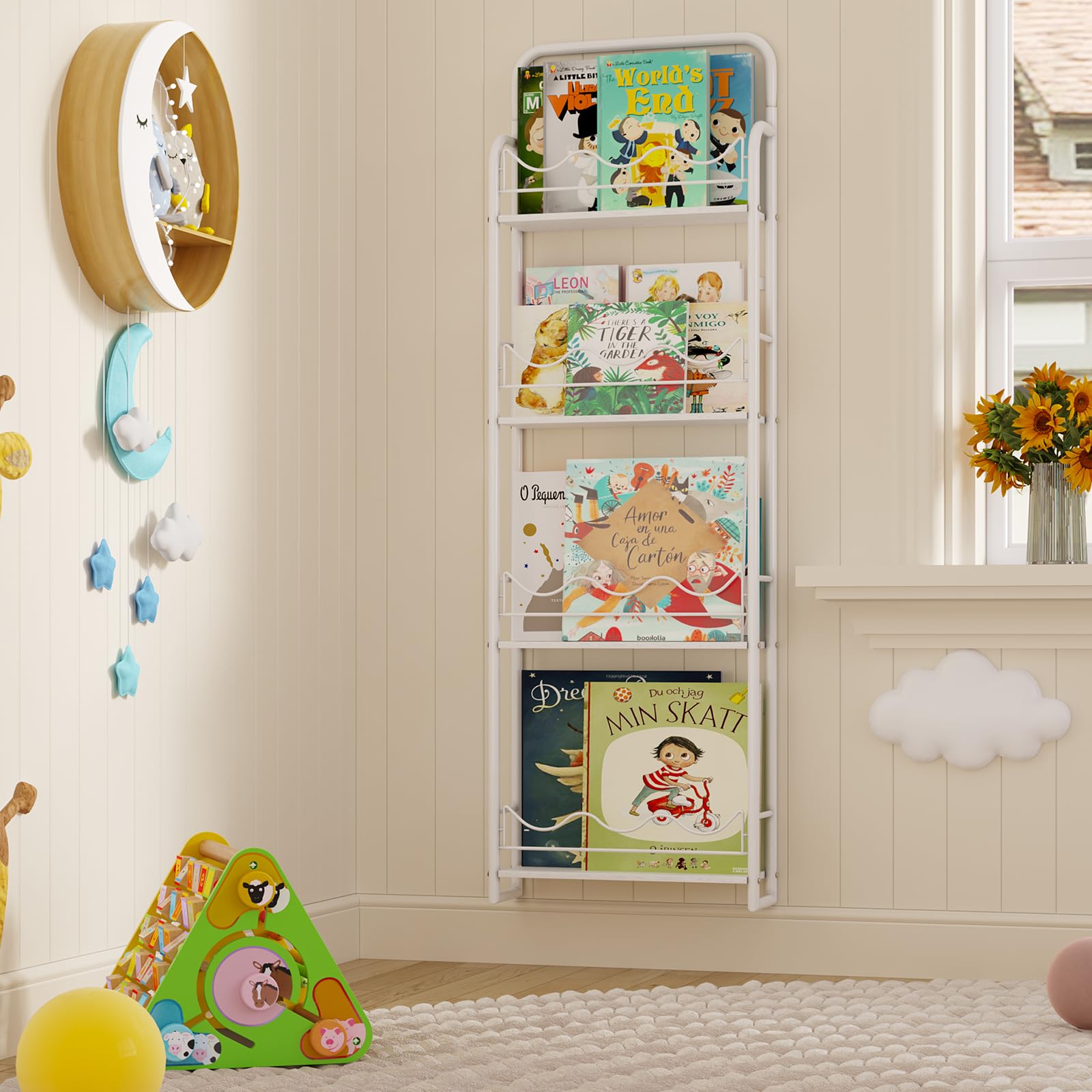 BBLIKE Estantería de pared para niños, estantería de 4 niveles, estantería de almacenamiento para niños, estantería de pared con ondas blancas, organizador de metal para libros, dormitorio de niños,