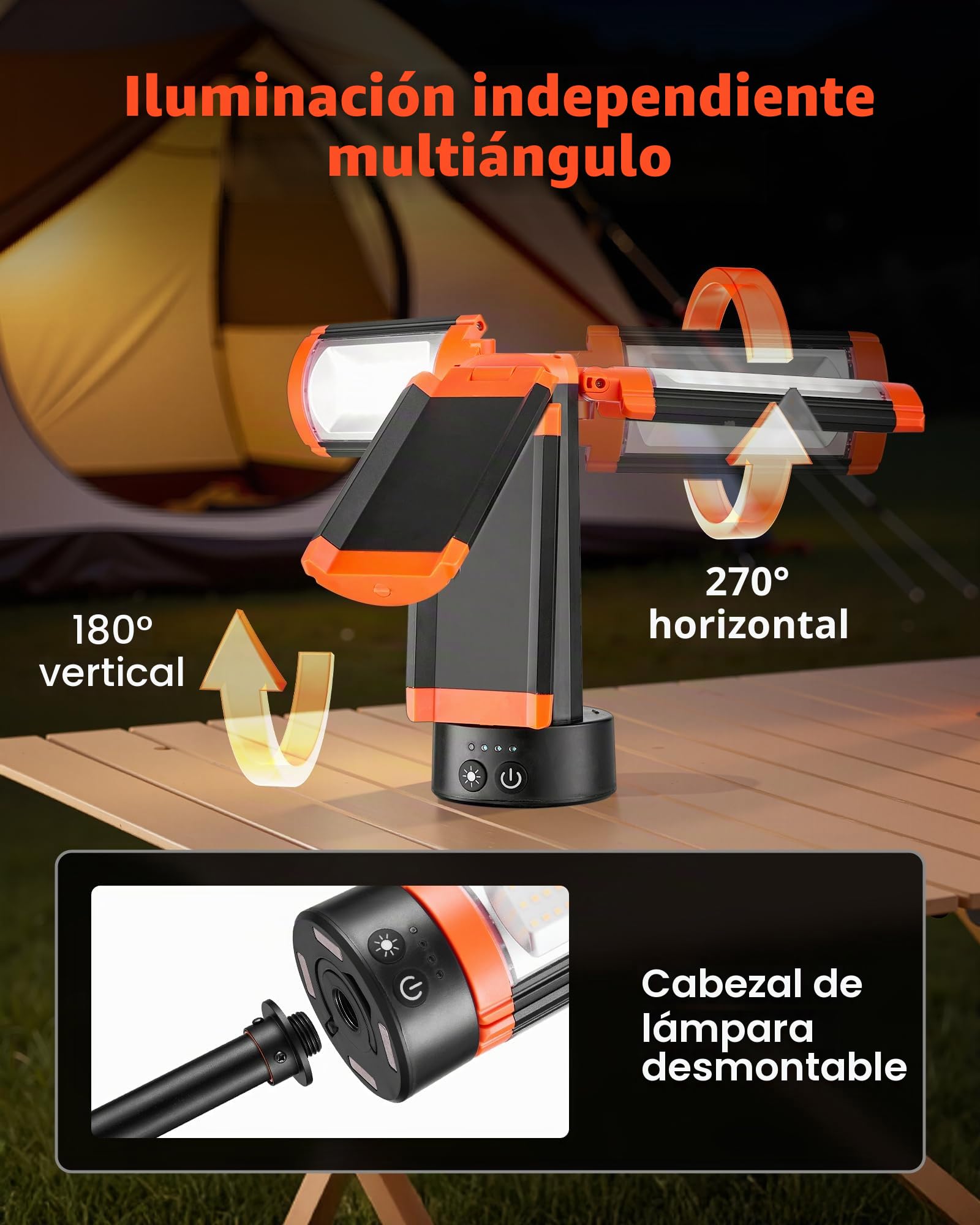VEVOR Luz de Trabajo LED con Trípode 8 Ah, Foco Recargable de Trabajo con 3 Cabezales, Recargable, Inalámbrica, 2200 Lúmenes, 3000 K-6500 K, Iluminación Portátil para Obras de Construcción, Camping