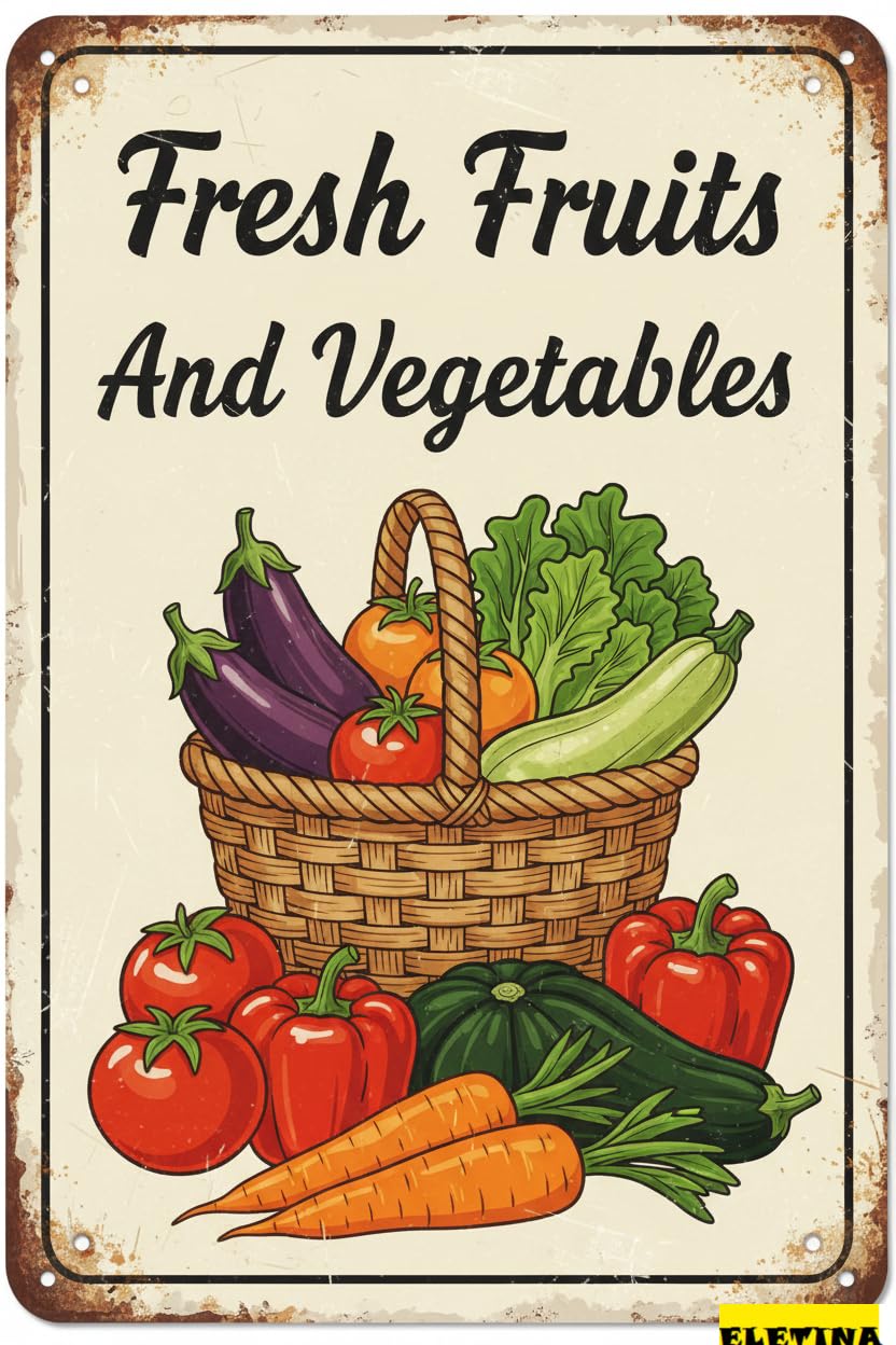 Vintage Metal Tin Sign for Vegetable Wall Decor Fresh Fruits And Vegetables 12x8 Inch Funny Farmer's Market Poster Retro Home Kitchen Garden Yard Restaurant Wall Decor Private Property Decorative