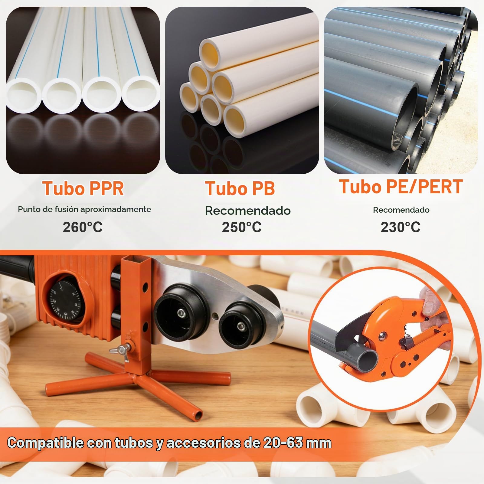 CPROSP Soldador Tubos PE 2000W, Soldadura Polipropileno PPR con 6 Boquillas Calefactoras (Ø20–63 mm), Soldador de Plastico Regulación de Temperatura 0–300°C, para Tubos Plásticos