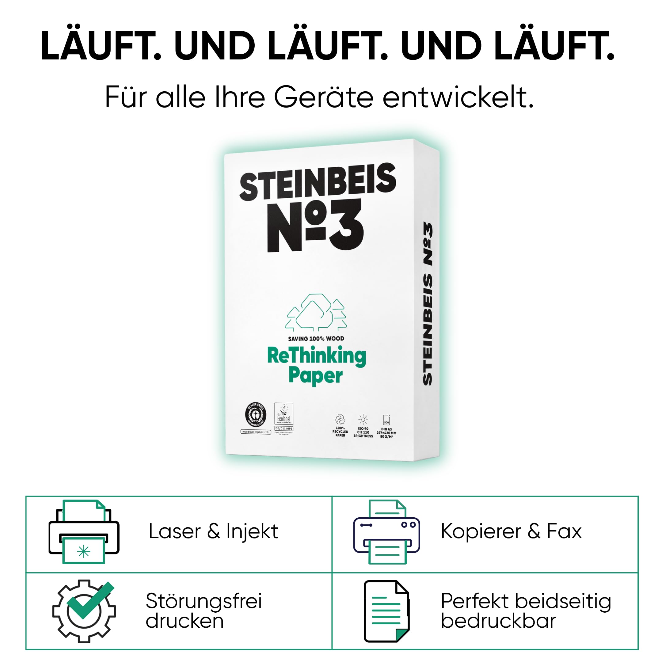 Steinbeis No. 3 Druckerpapier – 2500 (5 x 500) Blatt DIN A3 Recycling-Papier 80 g/m², Weiß & Chlorfrei, hochwertiges Kopierpapier ISO 90 / CIE 110