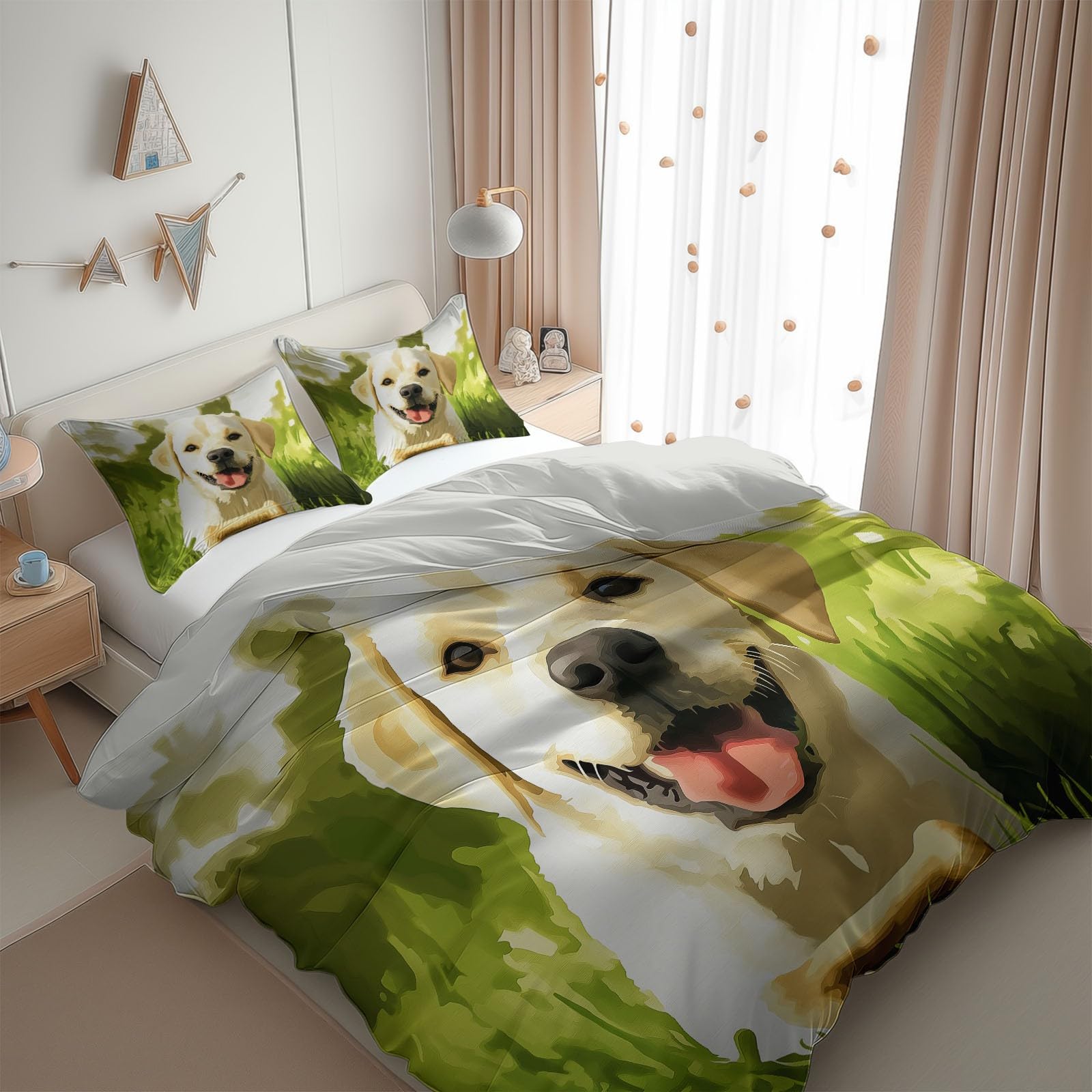 Green Duvet Cover Twin Size 2 Pieces Drawing Labrador Retriever, Bedding Room Decor Bedspread for Kids Teens, Comforter Quilt Cover Bedding Set with Pillow Sham