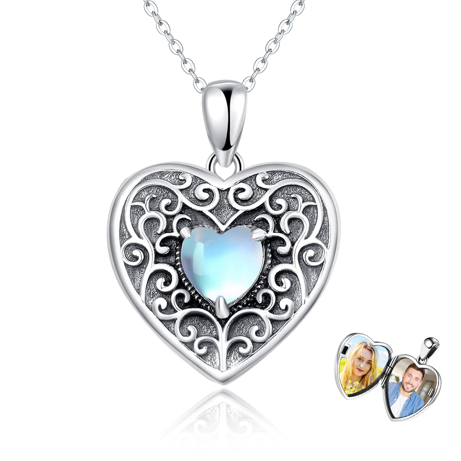 Herz Medaillon Kette Damen 925 Sterling Silber Mondstein Opal Medaillon Herz Amulett zum Öffnen 2 Fotos Geschenk für Freundin Frau Mutter Love You Forever