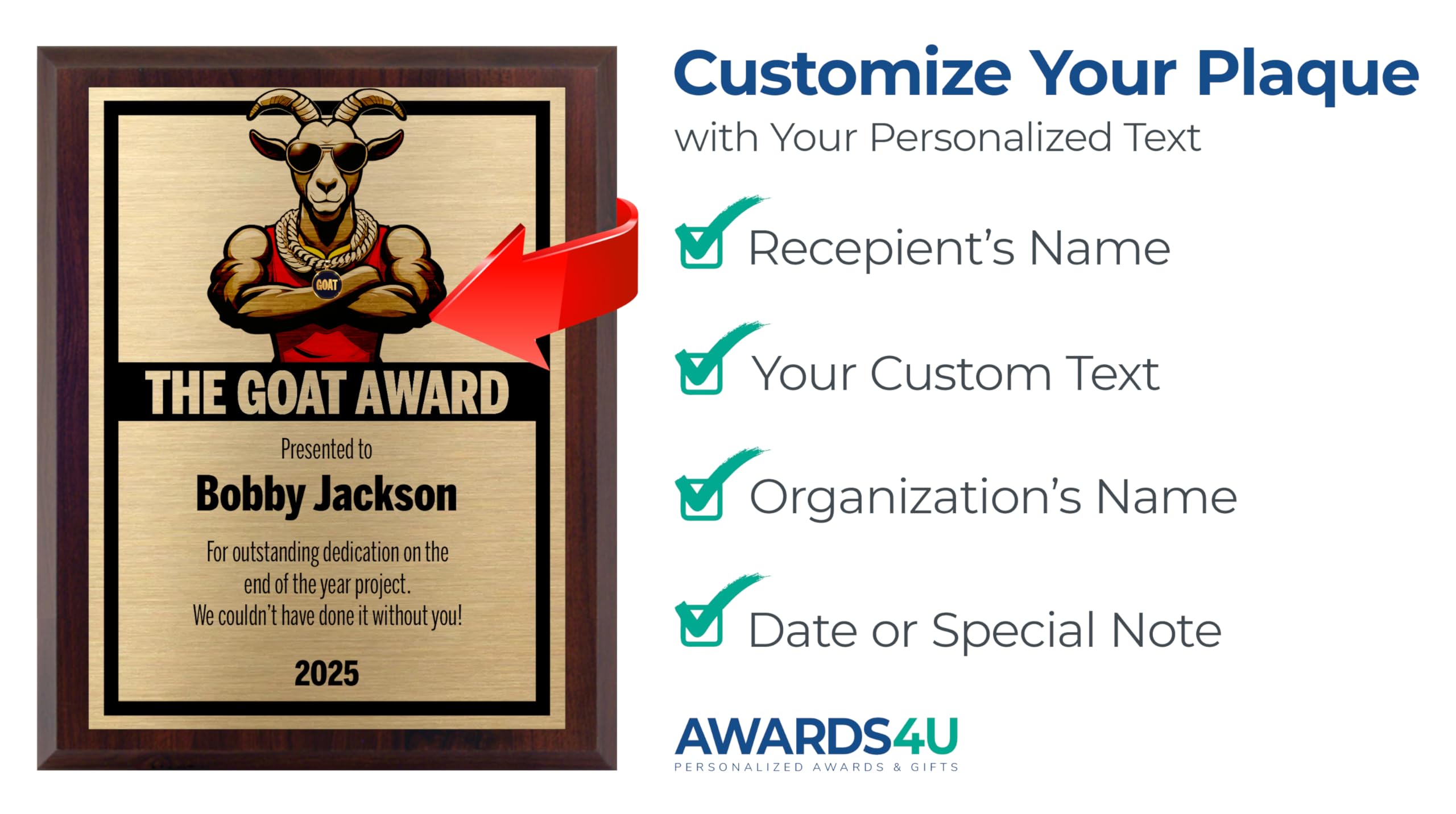 Goat Award Plaque - Personalized Greatest of All Time Trophy - Funny Customized Plaque Award or Gift for Adults, Office, Friends, Boss, Coach, or Fantasy Football - Multiple (6x8)