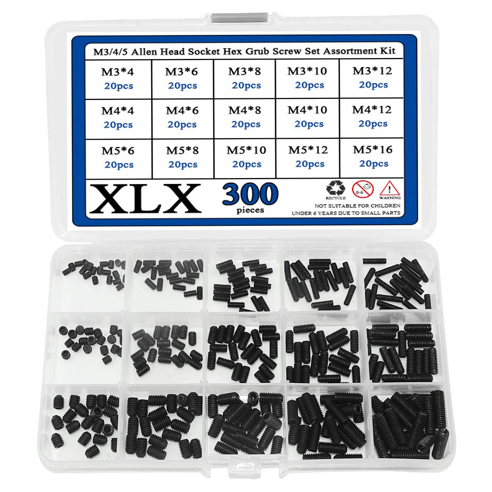 XINGYHENG 300pcs M3/4/5 Allen Head Socket Hex Grub Screw Set Assortment Kit with Plastic Box 12.9 Class Black Alloy Steel (Allen Socket Hex Grub Screw Set)