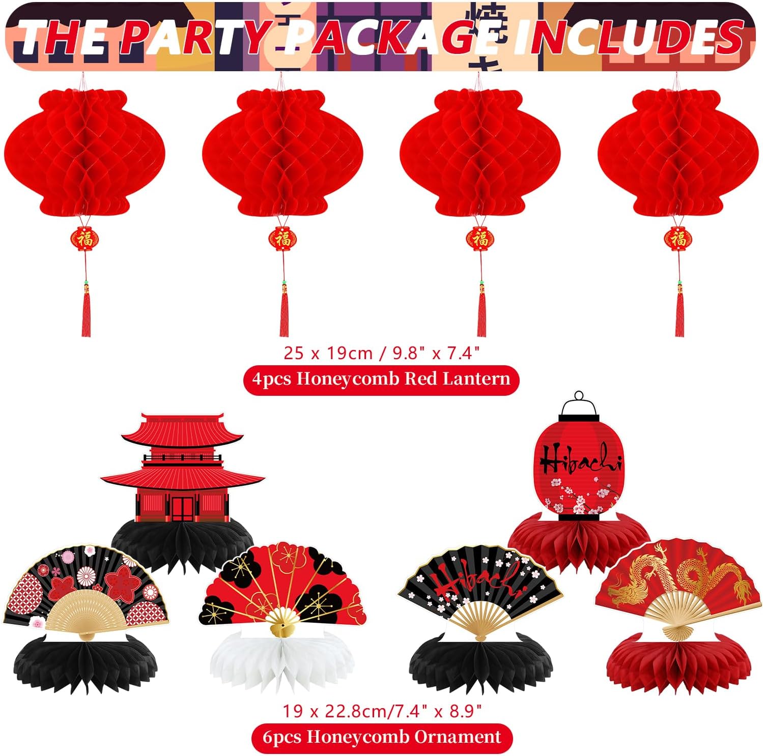 Hibachi Party Decorations, HAPPY BIRTHDAY Banner, Folding Fans Honeycomb Centerpieces, Japanese Lanterns with Cherry Blossom Patterns, Chinese Red Lanterns for Hibachi Japanese Party Decorations image 2