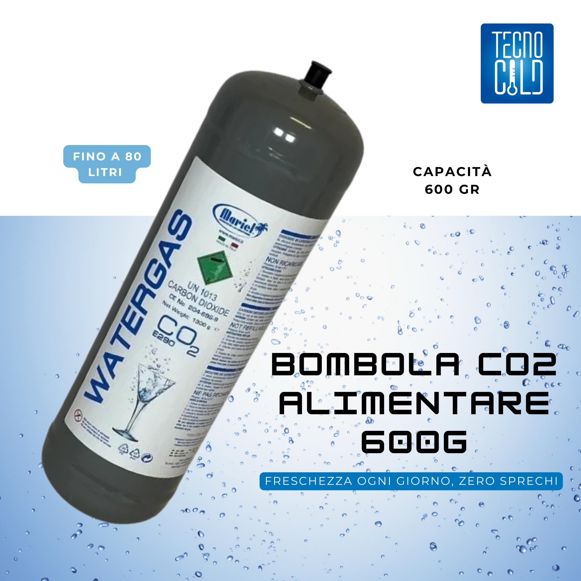 Tecno Cold | Bombola CO2 1300 g Alimentare E290 per Gasatore – CO2 per Acqua Frizzante – Bombole CO2 Monouso M11x1 per Casa e Ufficio