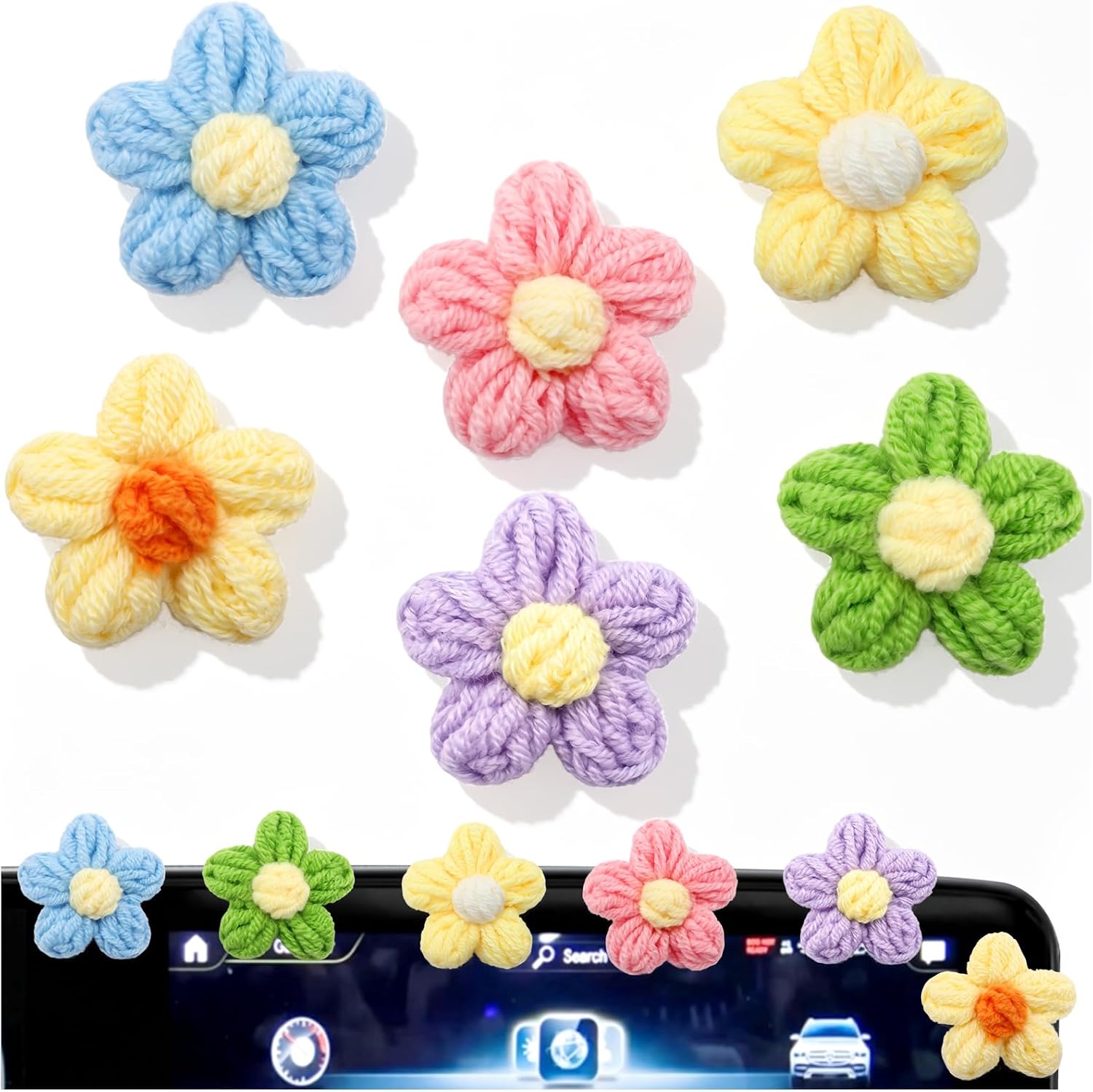 6Pcs Car Dashboard Decorations Cute Mini Crocheted Flowers Car Interior Accessories Set for Computer Monitor Mirror Home Desk Office Decorative Funny Yarn Colorful Flower Gift for Men Women