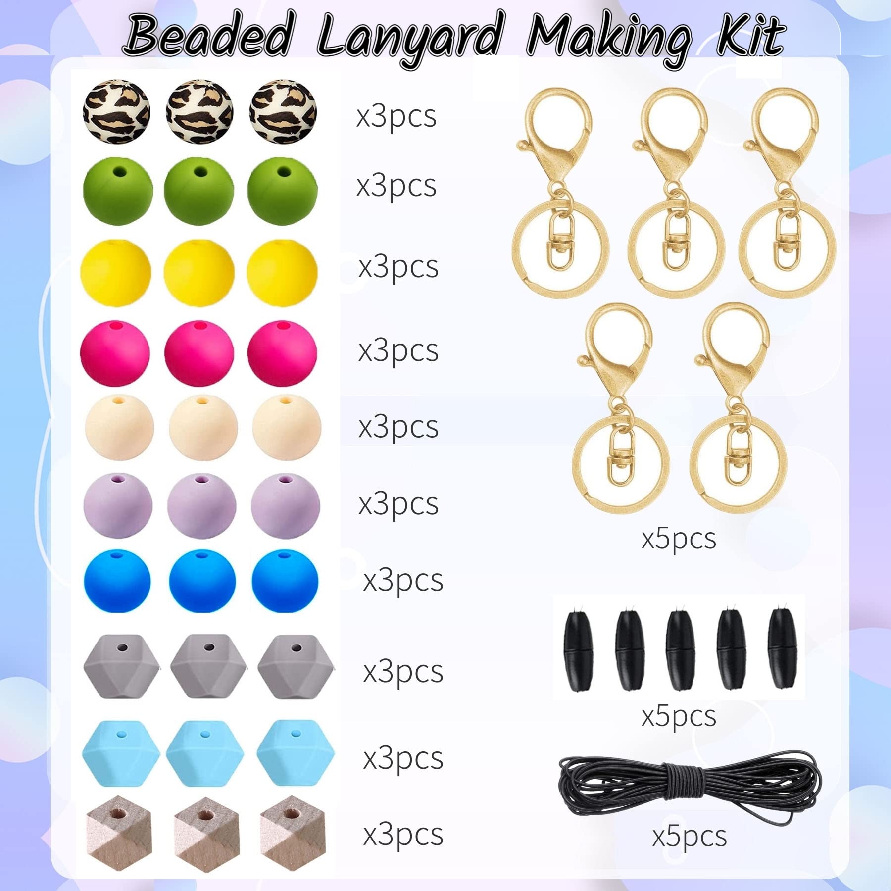 SHUANGART 5 Set Silicone Beads Lanyard Making kit for ID Badges Key Chains, Classic Polygonal Beaded Lanyard Necklace for Teachers Students Office Workers Nurse - Image 2