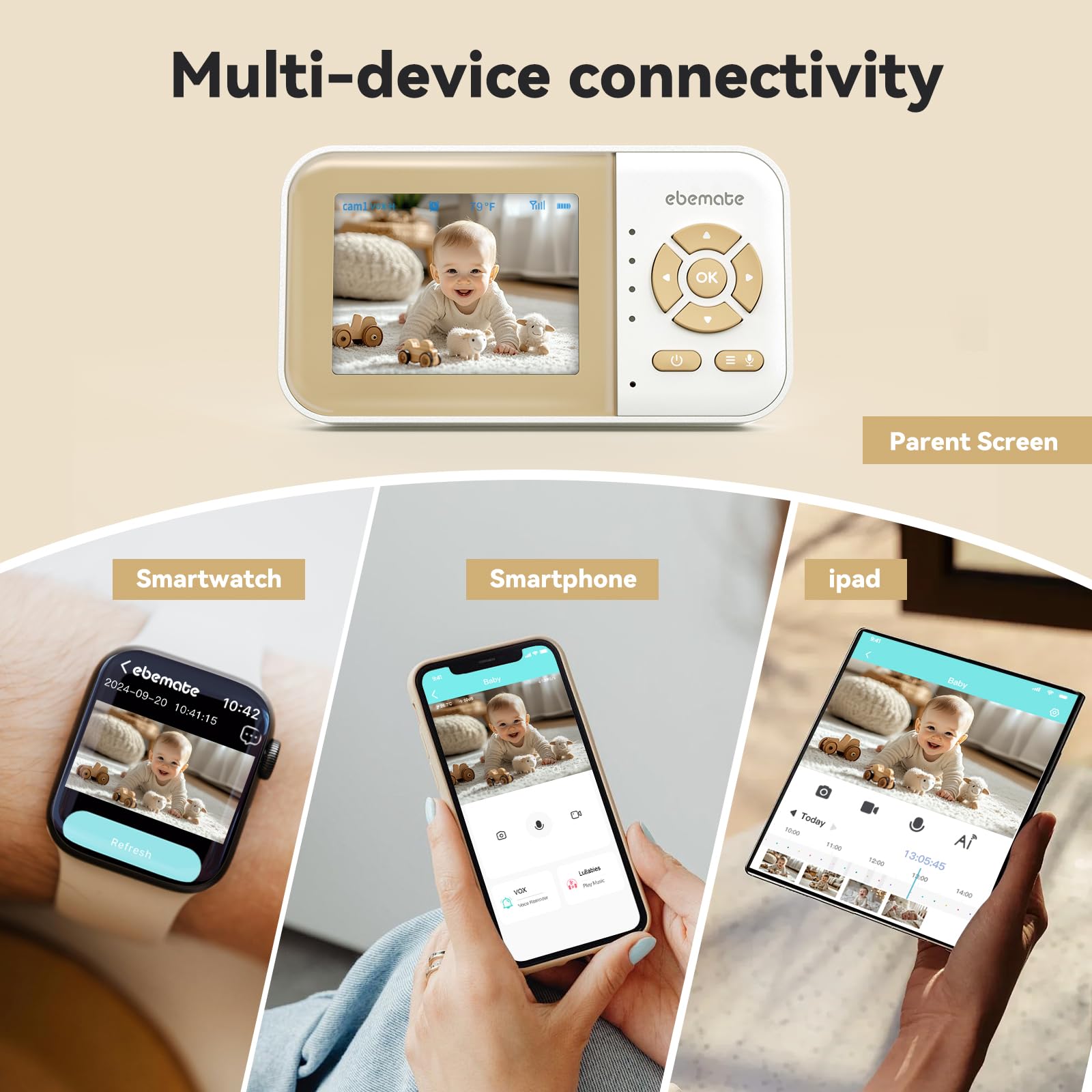 ebemate Monitor de video WiFi para bebé, pantalla de 2.8 pulgadas con cámara 1080P, visión nocturna sin brillo, conversación bidireccional y alcance de 1500 pies, cámara WiFi de encendido