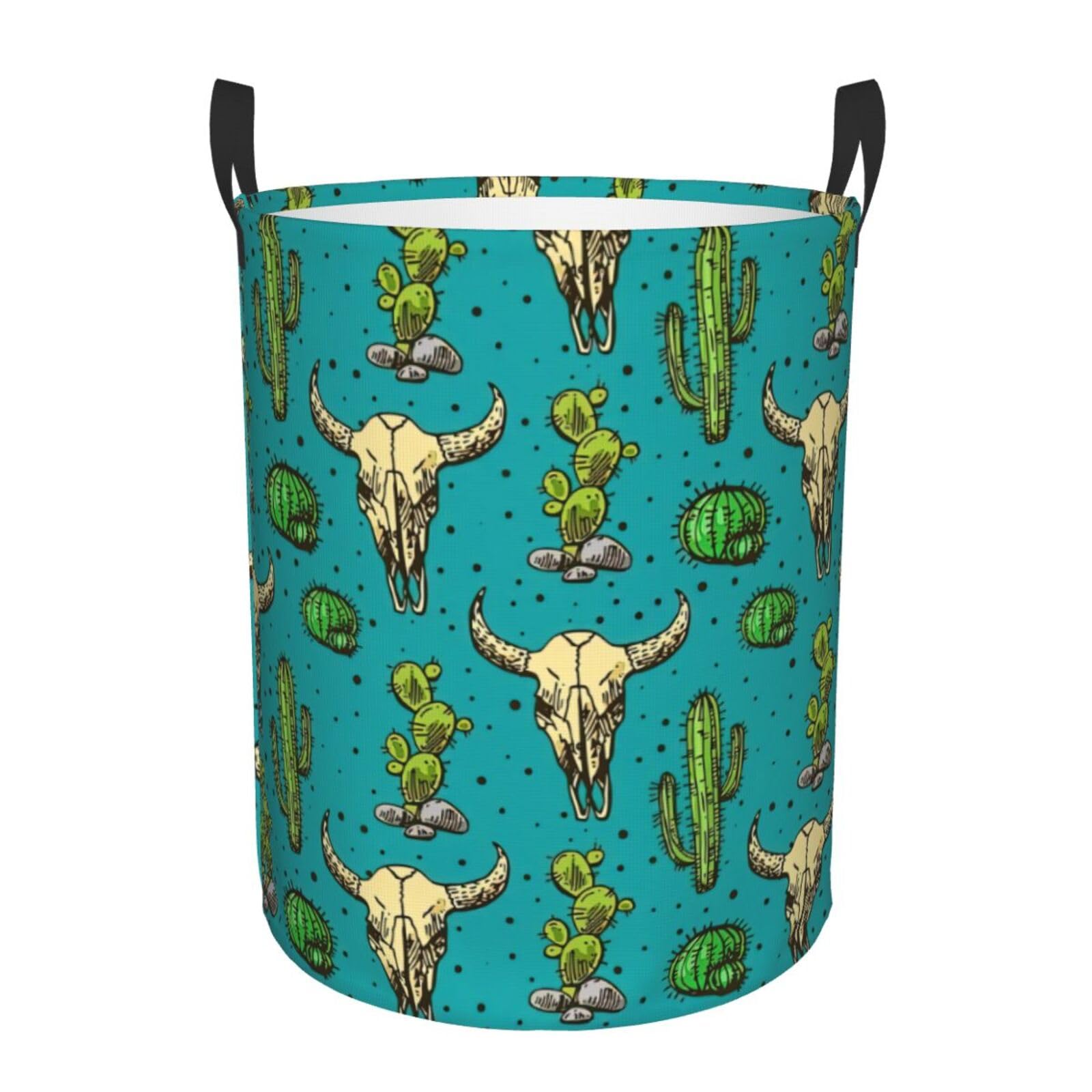 S Collapsible Round Cute Cactus and Skull of Bull Print Laundry Hamper