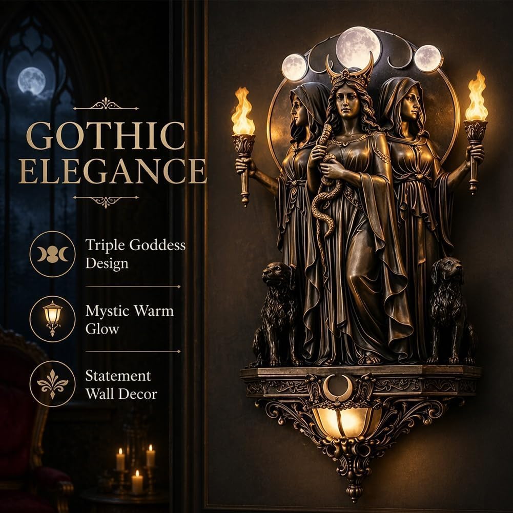 Applique da Parete Hecate, la Triplice Dea Illuminare il Tuo Spazio, Lampada Gothic in Resina con Torce & Cani, Statue Mitologica Greca Ideale per Camera da Letto, Soggiorno e Corridoio