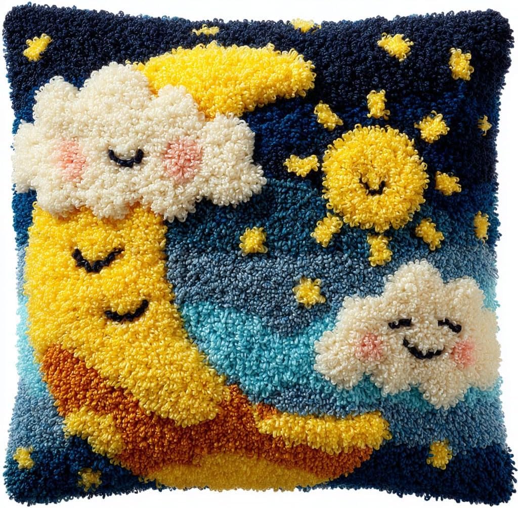 ZUHK 3D DIY Latch Hook Kits -17x17 Inch with Colorful Printed Canvas,Beginners Animals Latch Hook Pillow Kit,fit for Christmas, Halloween,Home Sofa Decoration (Moon)
