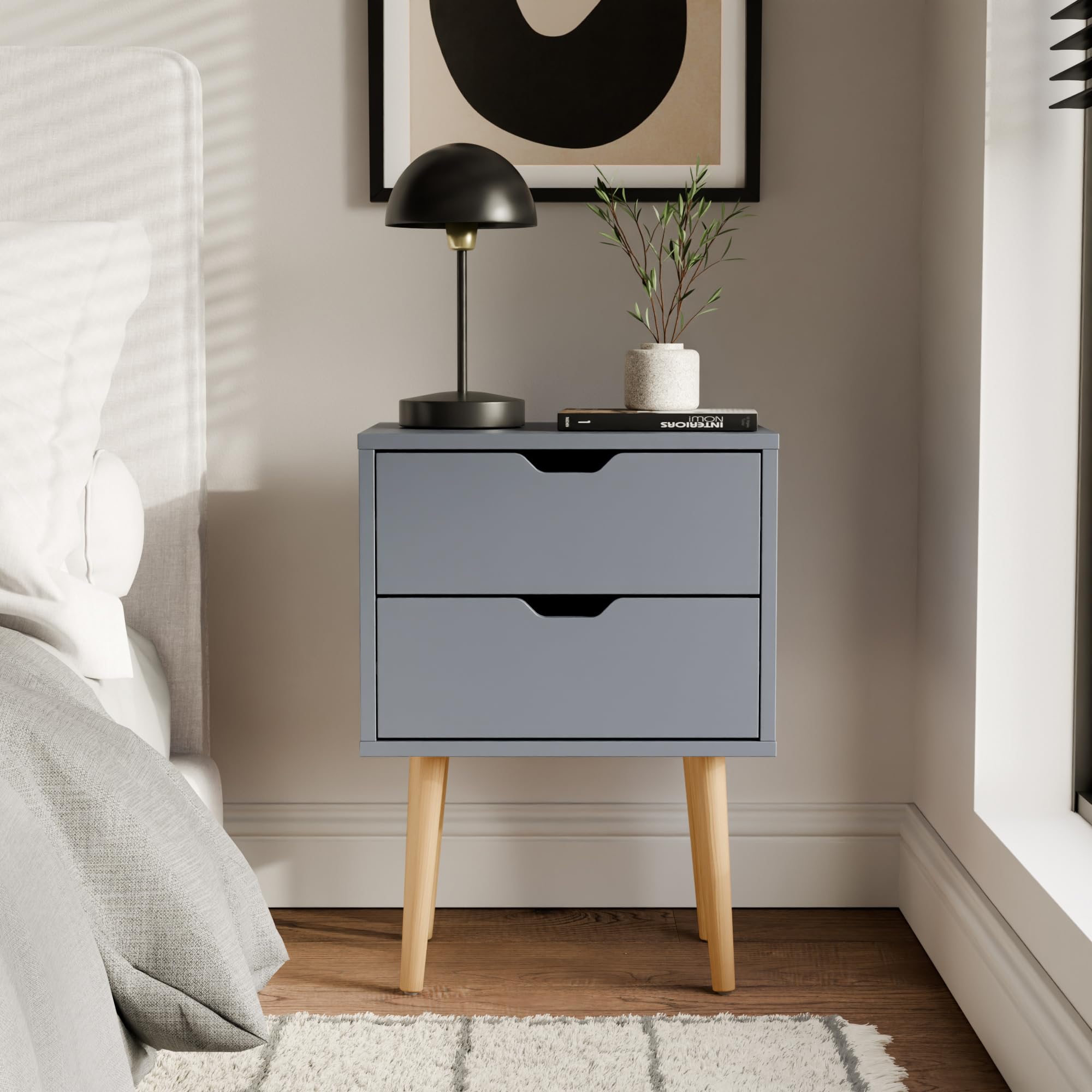 GFW Nyborg 2 Drawer Bedside Cabinet, Dark Grey Scandi Bedside Table with Wooden Legs and Cut-Out Handles