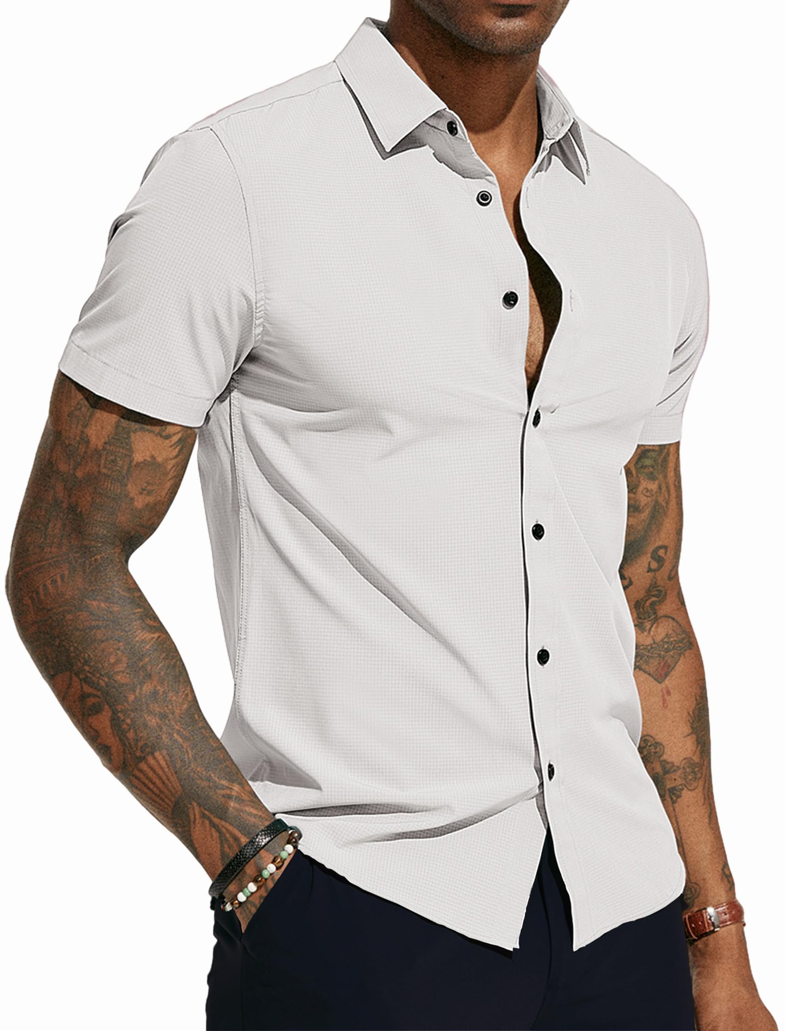 PJ PAUL JONESMen's Casual Button Down Shirts Short Sleeve Regular Fit Dress Shirts Wrinkle-Free Stretch Shirts