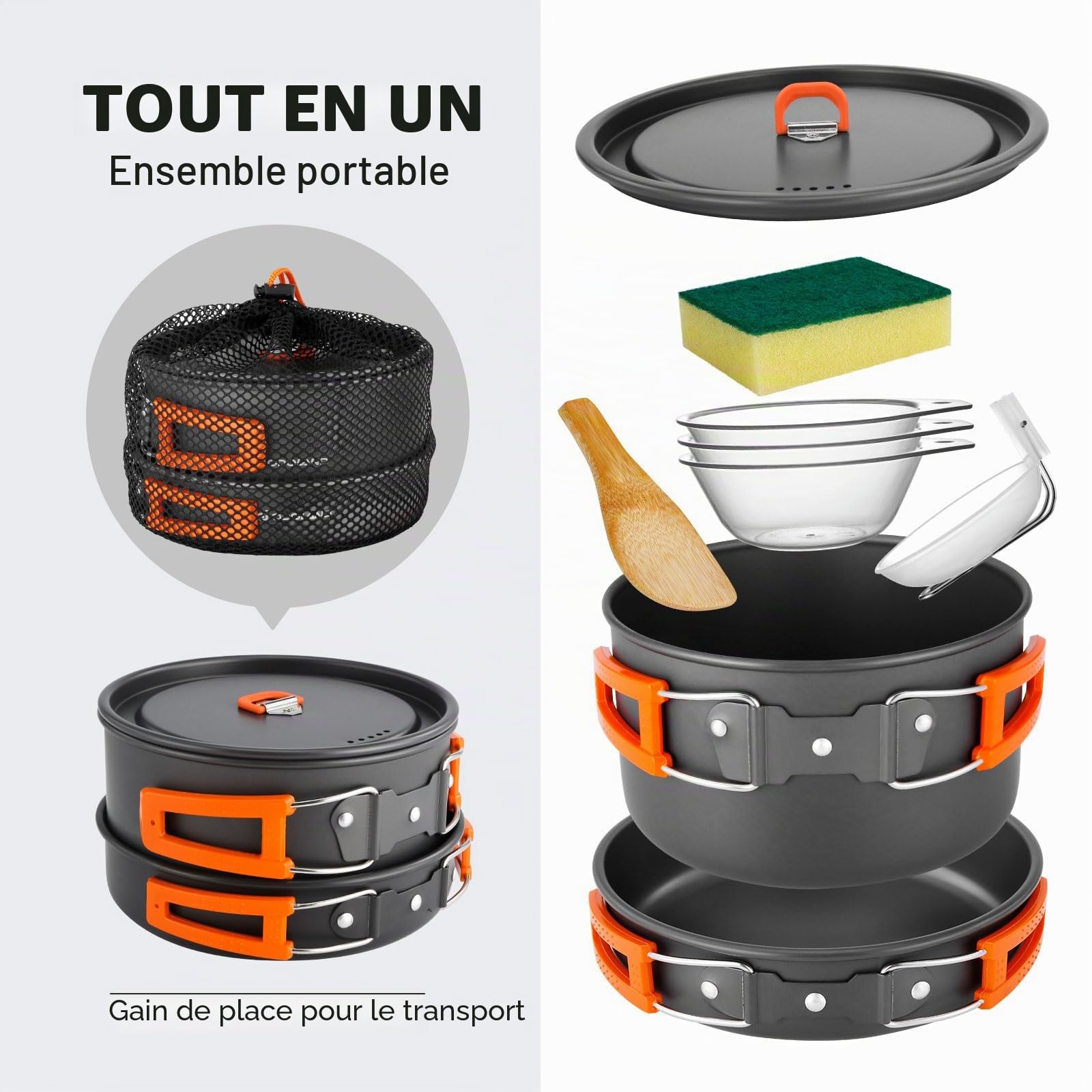 Odoland Kit de Casseroles Camping Portable, Antiadhésif Casserole Légère Set avec Bol en PP pour Le Camping, Sac à Dos, Cuisine en Plein Air et Pique - Nique