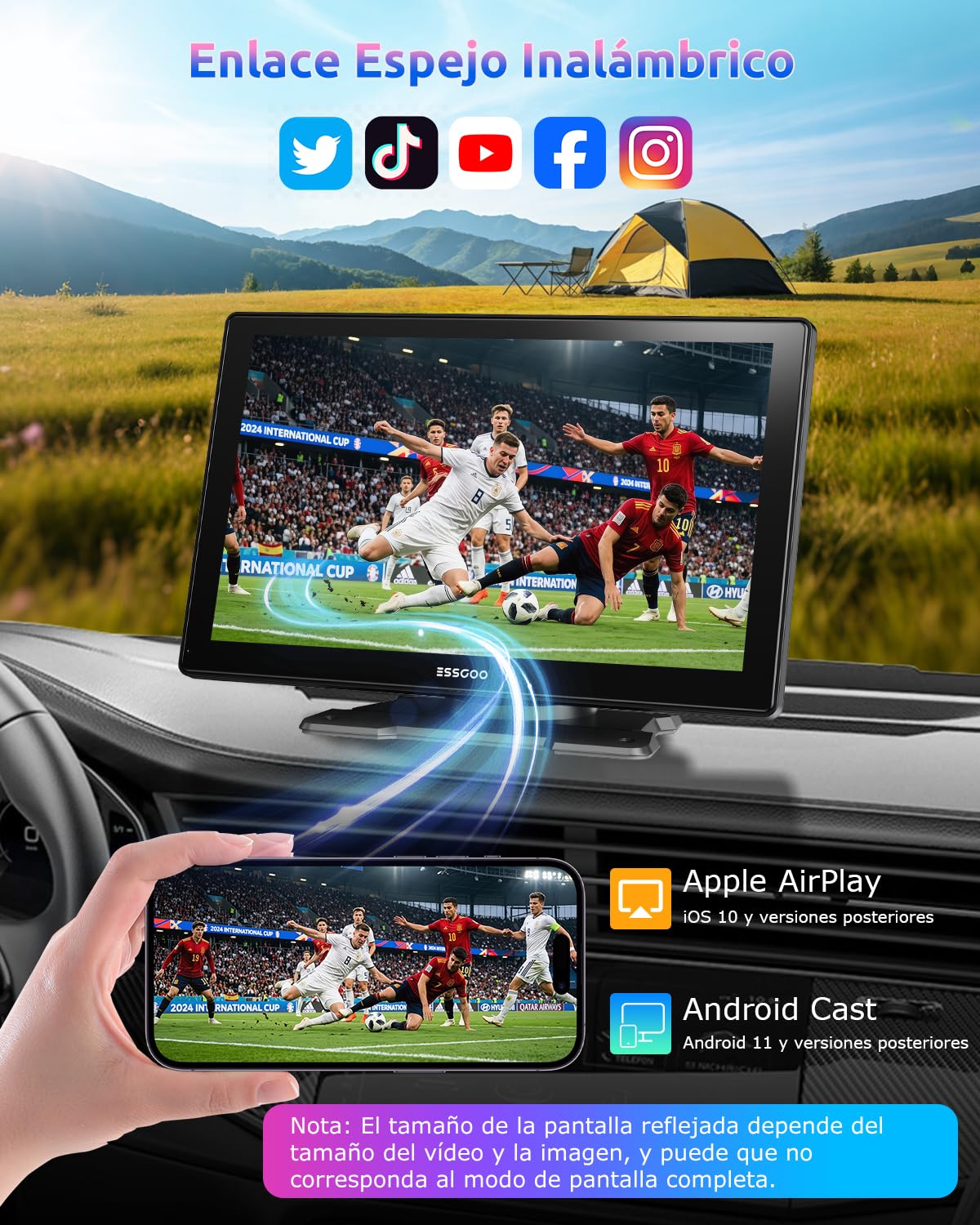 ESSGOO Pantalla Carplay Coche con Cámara Retrovisora,9 Pulgadas Apple Car Play Android Auto Inalámbrico,Pantalla Táctil Portátil Radio Coche con Bluetooth,Airplay,Mirror Link,FM,AUX,Siri,Navegación