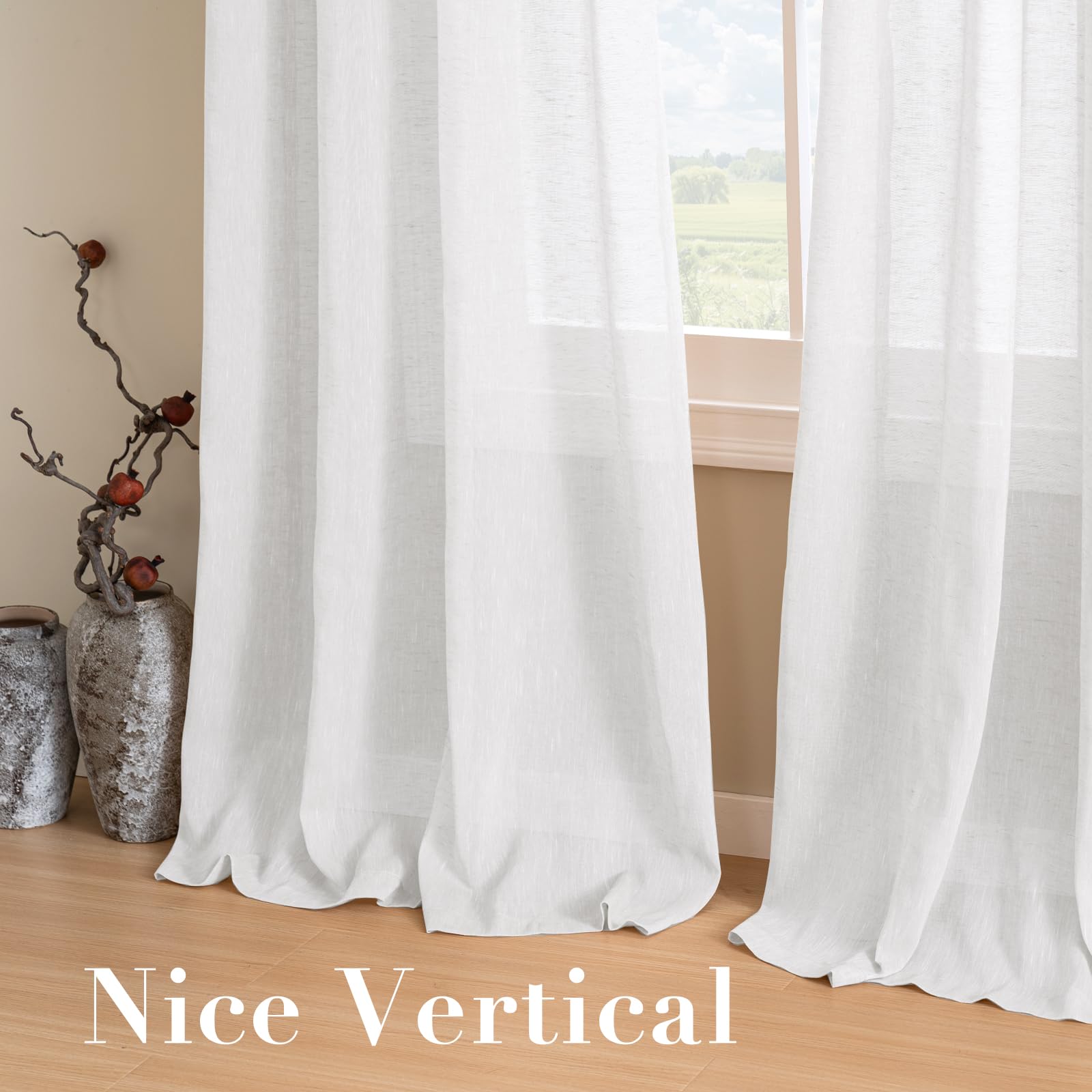 H.VERSAILTEX Paneles de cortina de lino natural de bajo consumo semitransparentes con ojales de níquel (juego de 2, 52 x 96 pulgadas, color blanco puro)