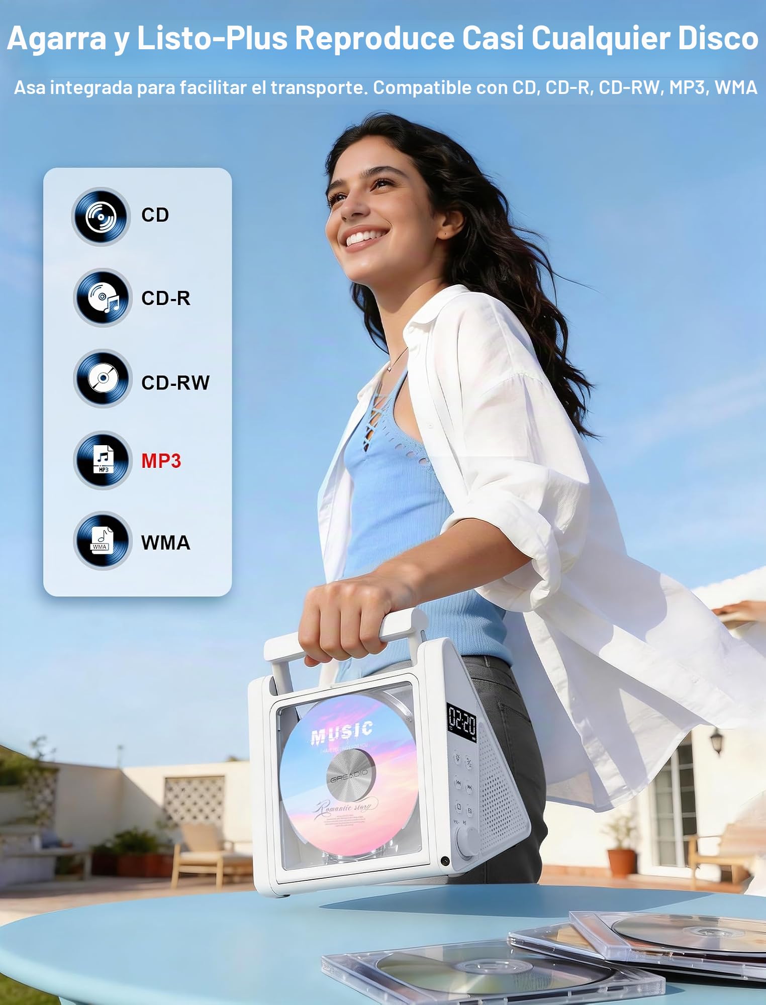 Greadio Reproductor de CD portátil Discman Reproductor de CD, protección antiskip 4 Sonidos EQ, Tarjeta TF/Salida AUX, pequeño Reproductor de música, Compatible con CD-R, CD-RW y MP3 para