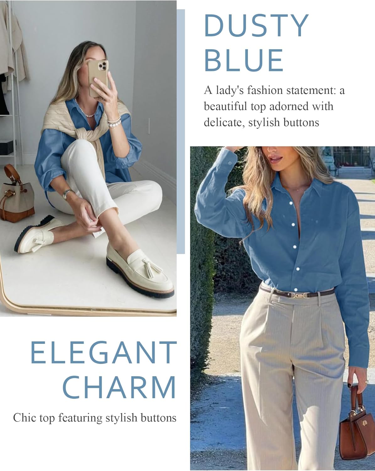 Odosalii Womens Button Down Shirts V Neck Rolled Up Long Sleeve Tops Elegant Dressy Blouses Business Casual Outfits - Image 2