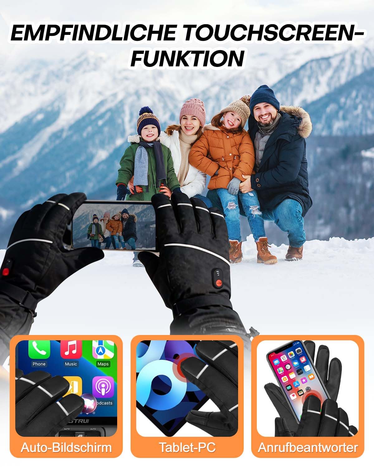 Beheizbare Handschuhe Herren Damen, 2025 Verbesserte Verstärkt Handschuhe mit akku 7.4v 6000mAh, Touchscreen, 3 Heizstufen, Wasserdicht&Winddichte, Skihandschuhe für Wandern, Radfahren, Skifahren