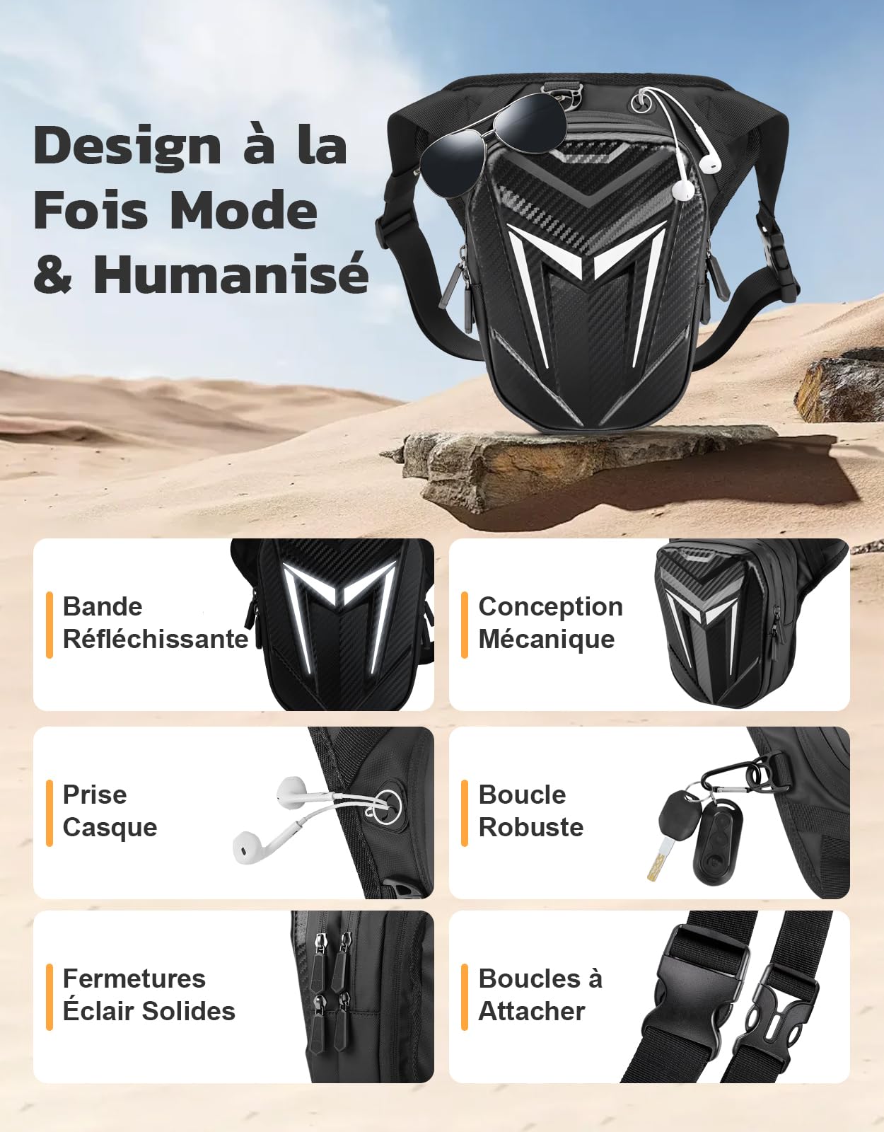 Mohard Sacoche de Jambe Moto, Sac d'Équipement Moto Jambe Réglable pour Femme Homme, Stockage Extensible & Bande Réfléchissante, Sac Banane Pochette Cuisse Multifontion pour Randonnée Cyclisme Pêche