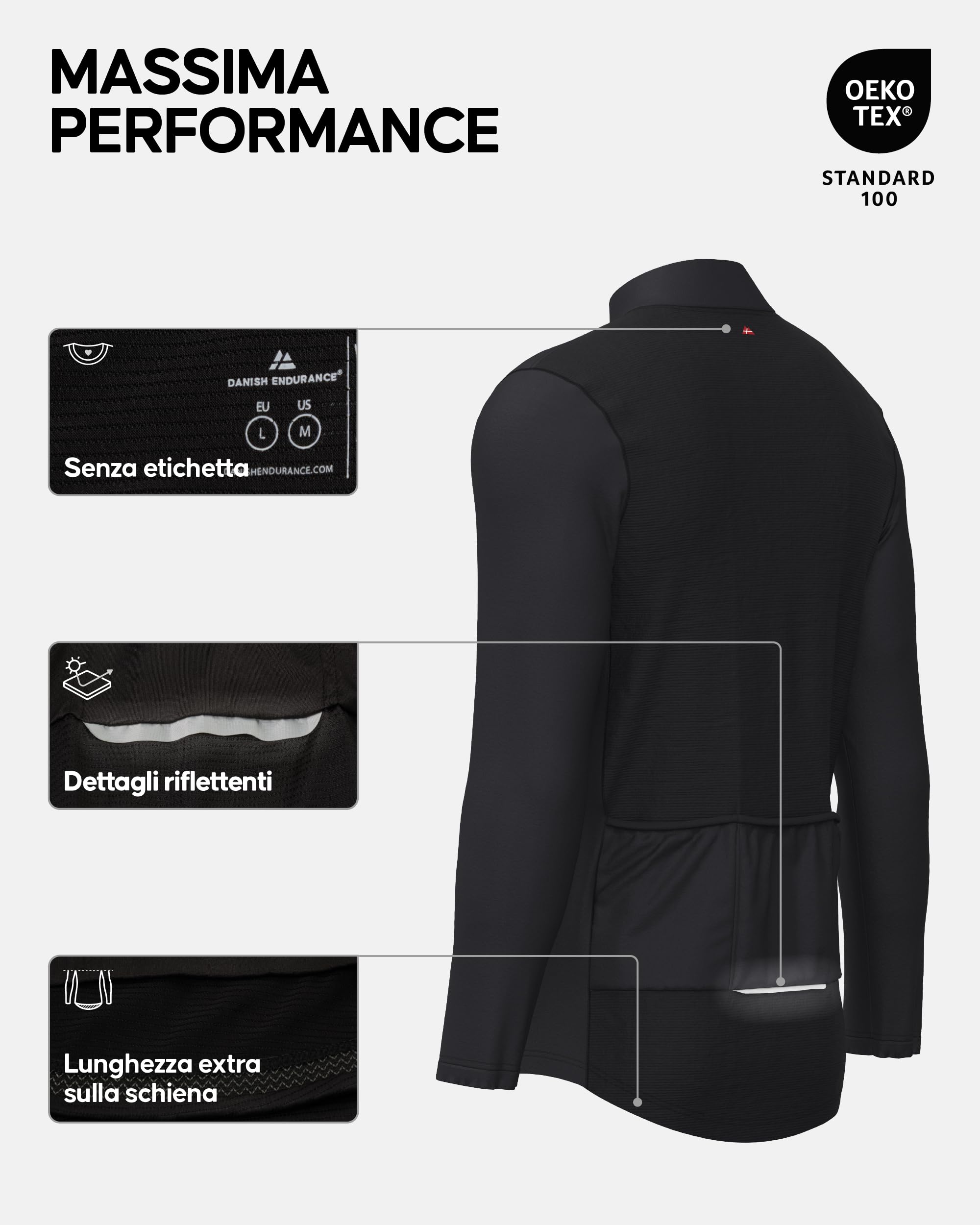 DANISH ENDURANCE Maglia da Ciclismo a Manica Lunga, Traspirante, Quick Dry, Tasche Posteriori, Dettagli Riflettenti, da Uomo