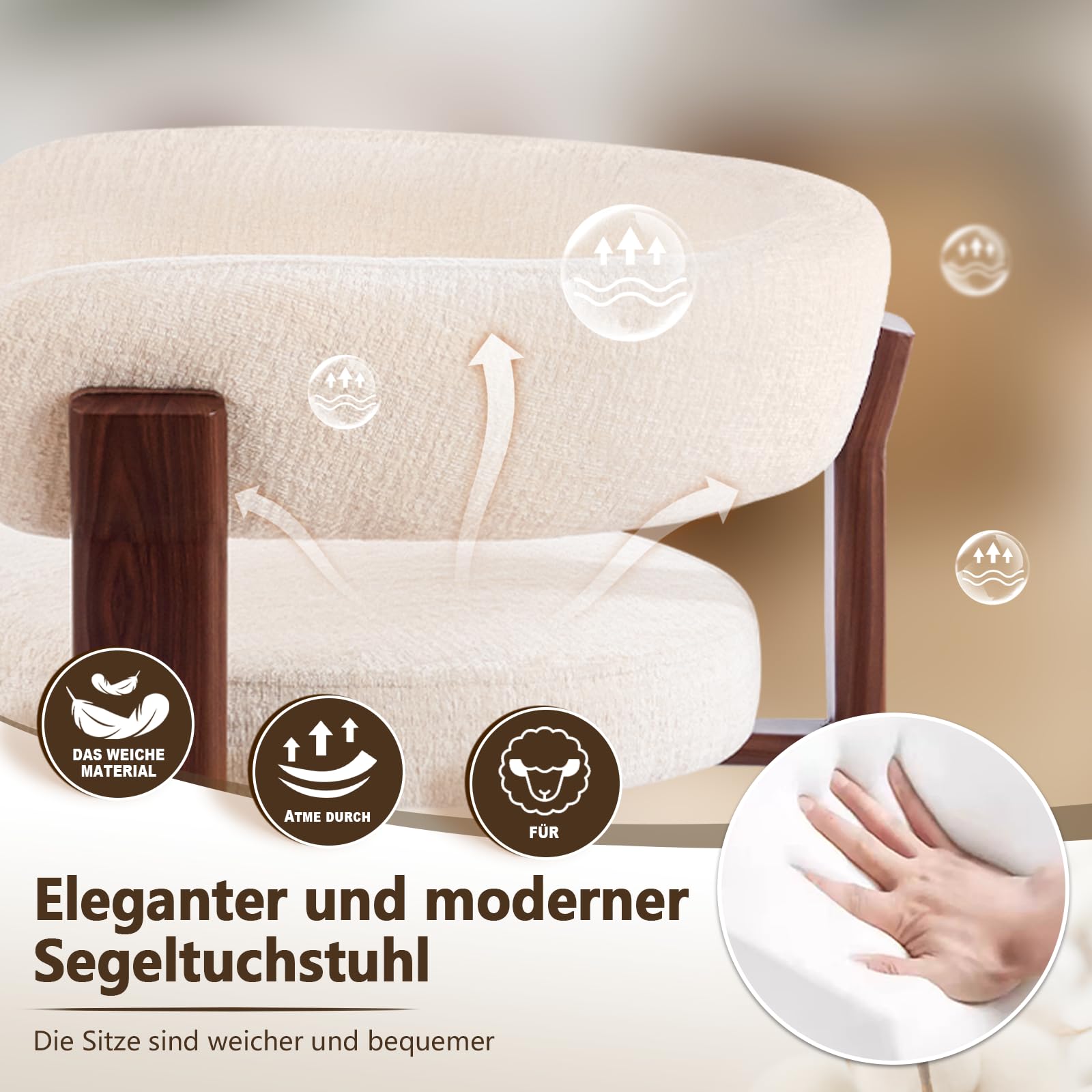 6er Set Esszimmerstühle Mid Century Modern: Gepolsterte Küchenstühle mit Ergonomischer Rückenlehne & Stabilen Metallbeinen - Komfortabler Loungestuhl für Esszimmer Wohnzimmer Café (Beige, 6er)