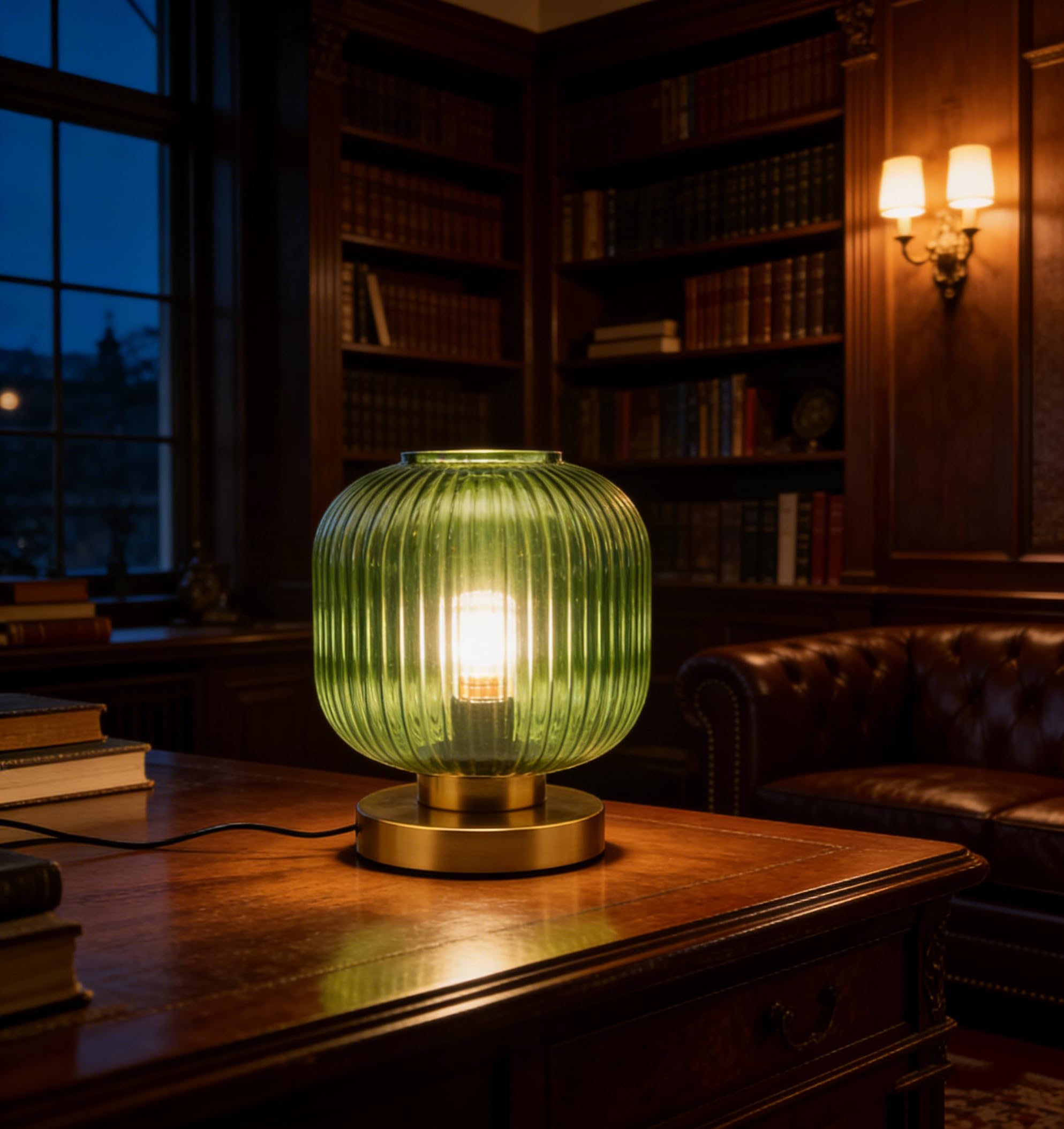 Auwieou Green Ribbed Glass Table Lamp Mid Century Modern Nightstand Lamp with Gold Metal Base, Small Plug-in Desk Lamp for Bedroom, Living Room,