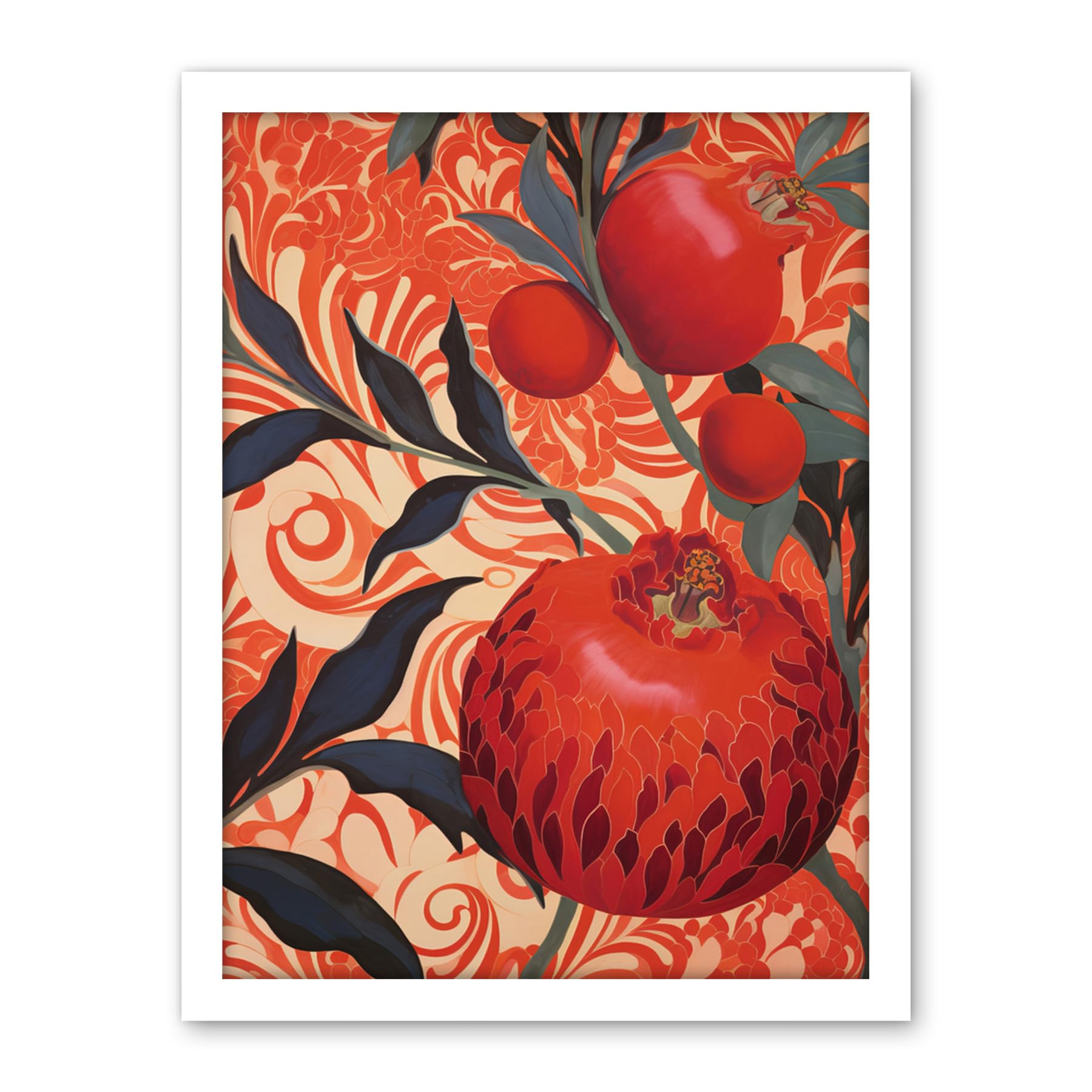 Artery8 Pomegranate Tree Grove Red and Blue Artwork Floral Patterns Artwork Framed Wall Art Print 18X24 Inch