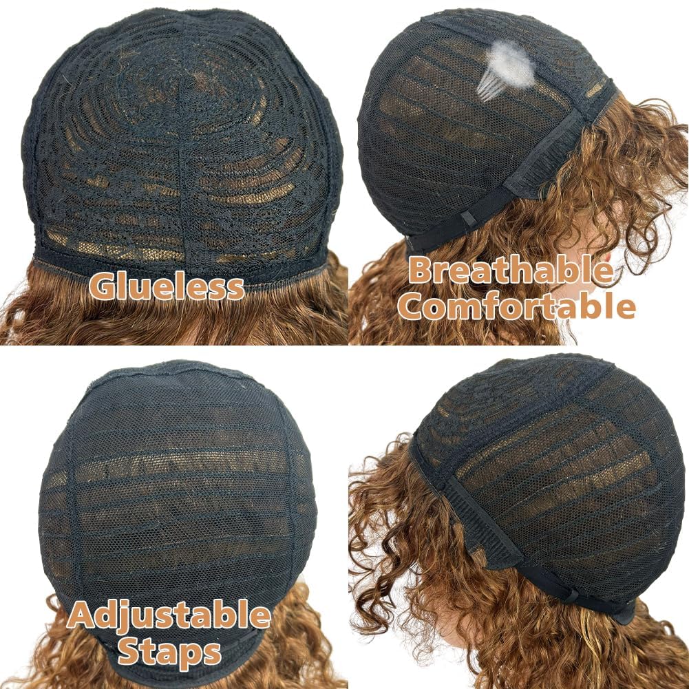 Highlight Brown Short Curly Wig Human Hair Wigs with Bangs Peluca Cabello Humano Corto con Flequillo for Women Brazilian Virgin Human Hair Wig Machine Made 150% Density Glueless Curly Wigs (#P4/30)