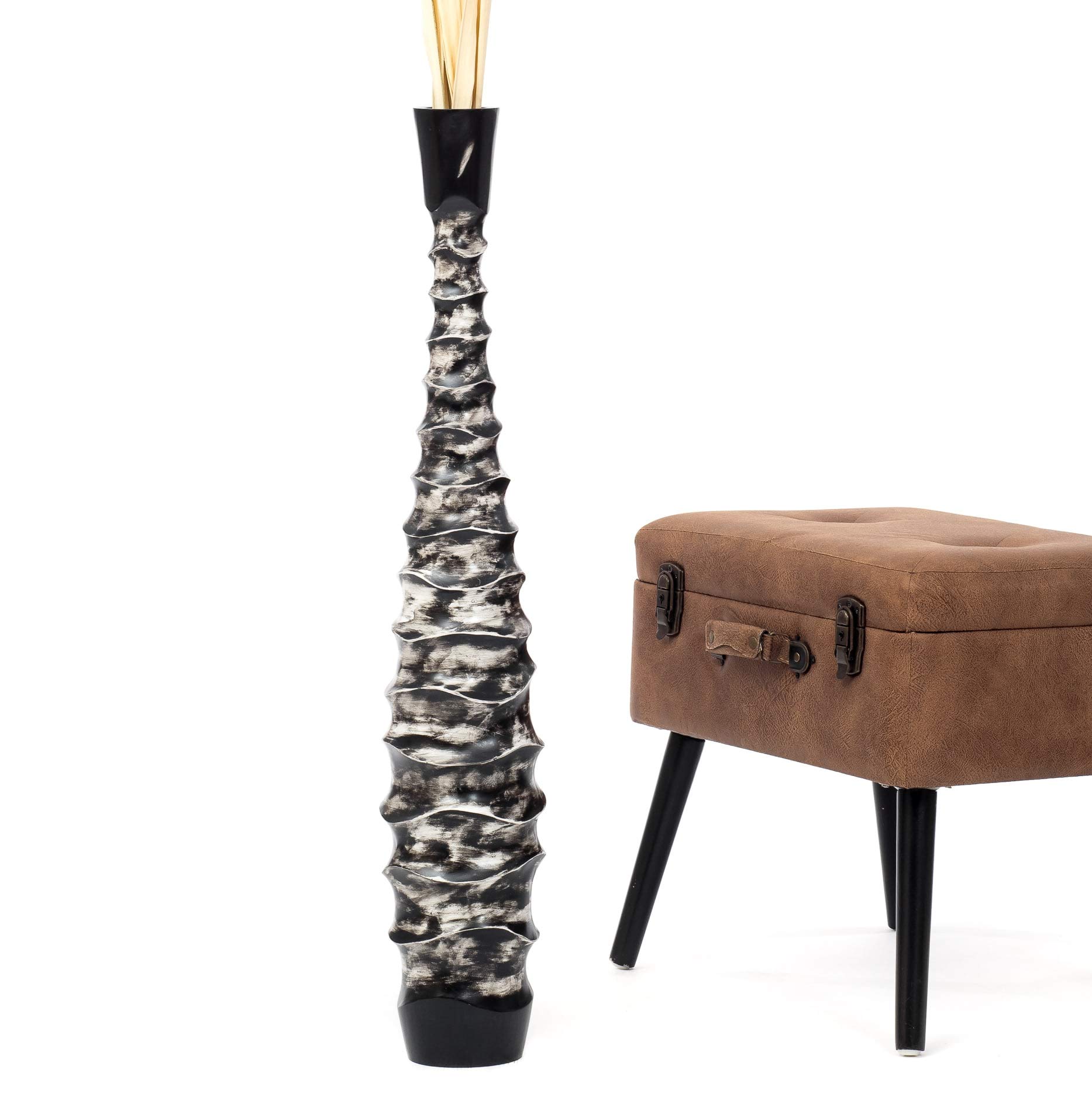 Leewadee Jarrón de Suelo Grande 85 cm Madera de Mango Pampa & Flores Secas | Jarrón Deco para Salón, para Ramas & Hierbas Secas. Más resistente que la Cerámica, sin Agua. Boho
