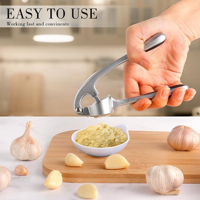 Garlic Press Crusher Chopper Mincer Mashed Garlic Puree Maker, with Siliconoe Peeler